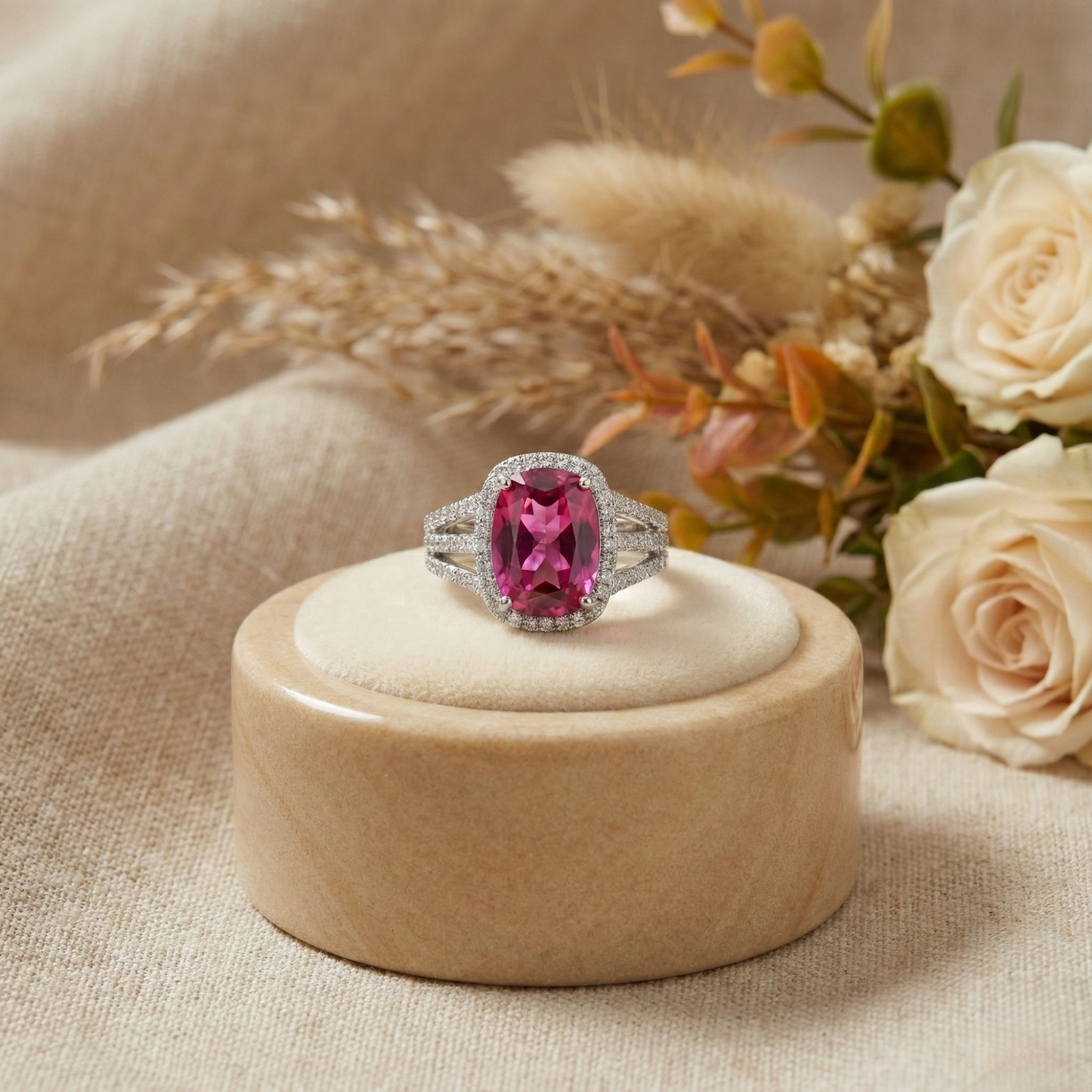 9.59 Ct Cushion Created Purple Sapphire and White Topaz Prong Silver Halo Engagement Ring