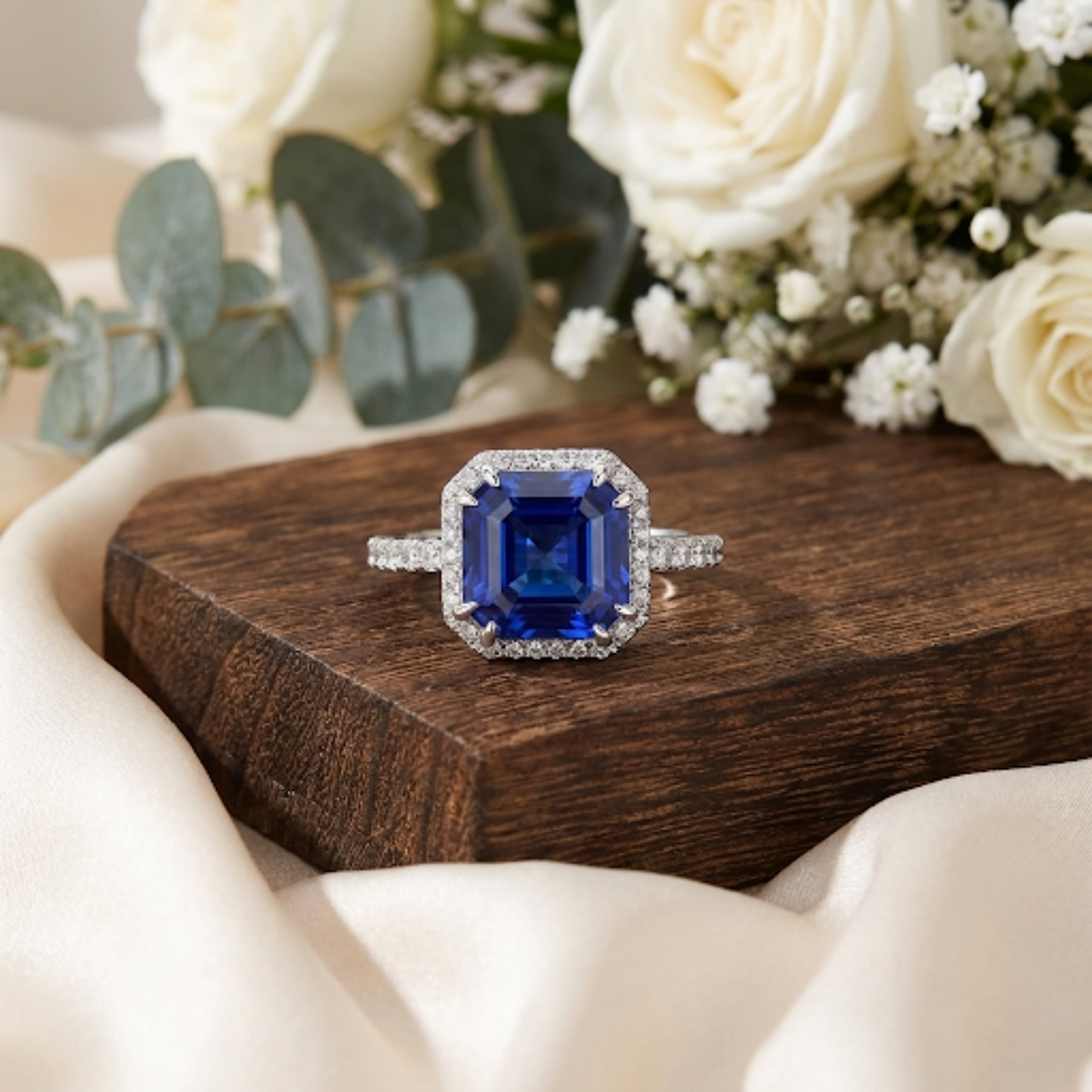 4.00 Ct Asscher Lab Created Blue Sapphire Prong Silver Halo Ring