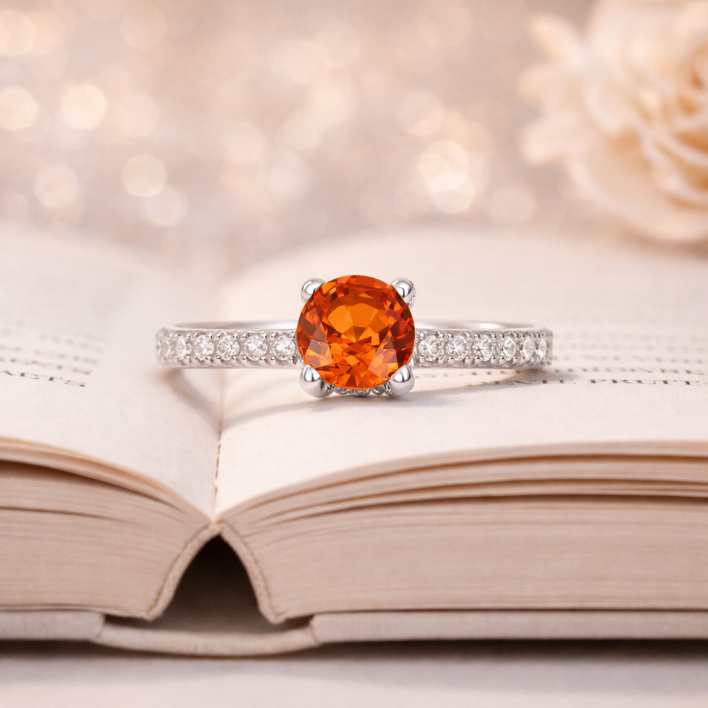 1.58 Ct Round Lab Created Peach Sapphire and Moissanite Prong Silver Pave-set Ring