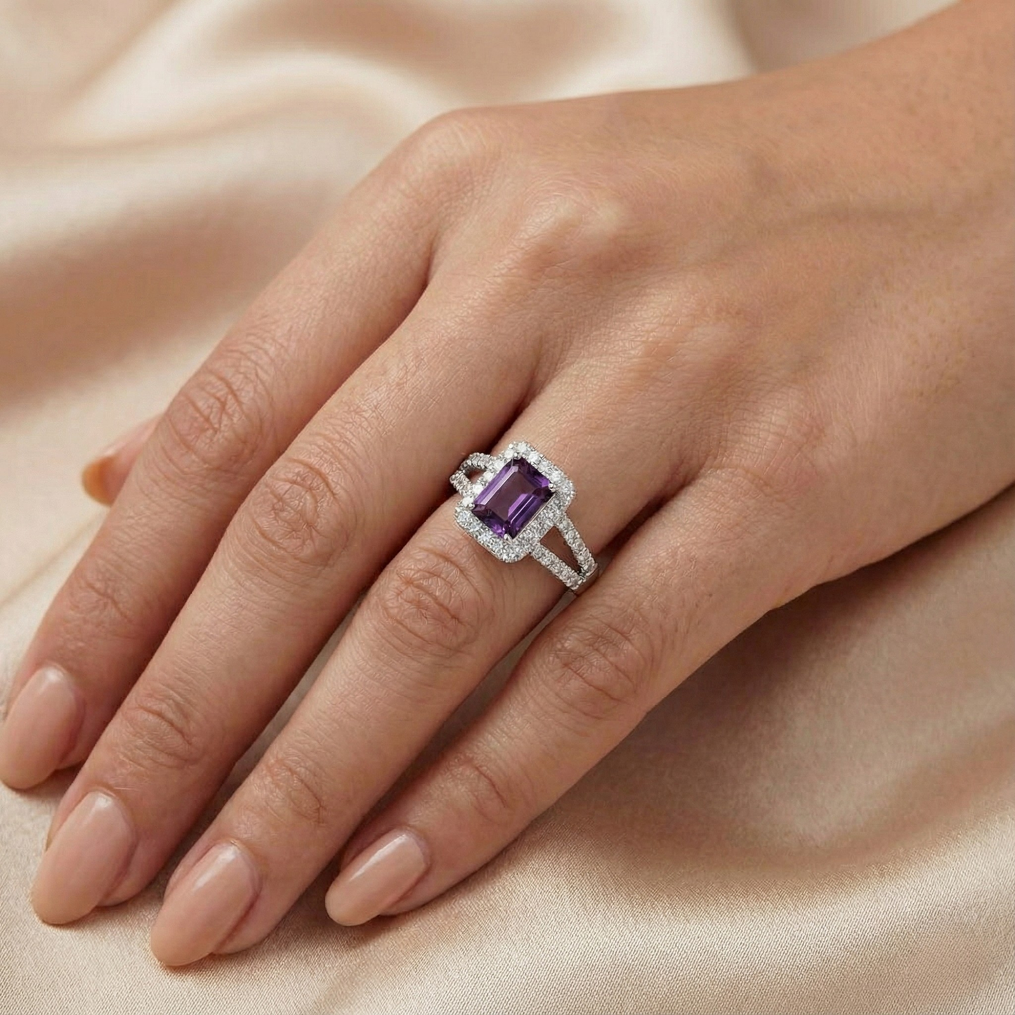 0.97 Ct Octagon Purple Amethyst and Moissanite Prong Silver Halo Statement Ring