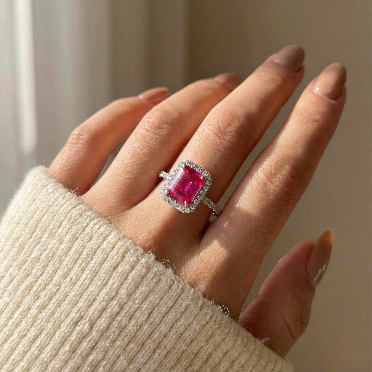Octagon Created Pink Ruby Prong Silver Halo Ring