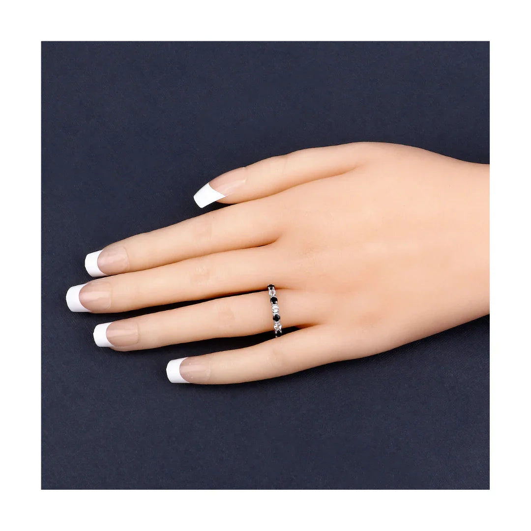 0.56 Ct Round Black Sapphire and White Topaz Prong Silver Half Eternity Ring