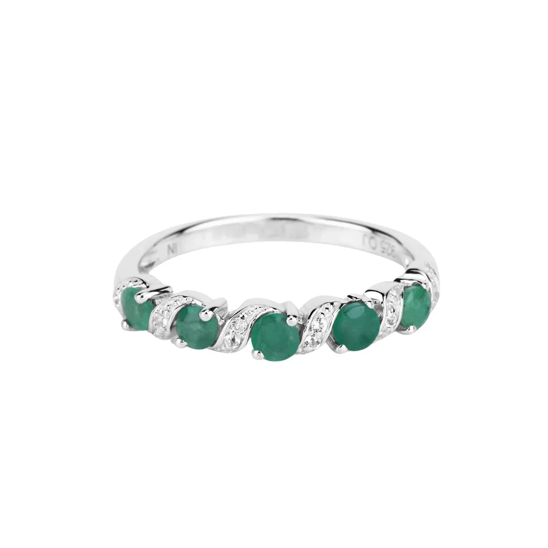 0.54 Ct Round Green Zambian Emerald and White Topaz Prong Silver 5 Stone Ring