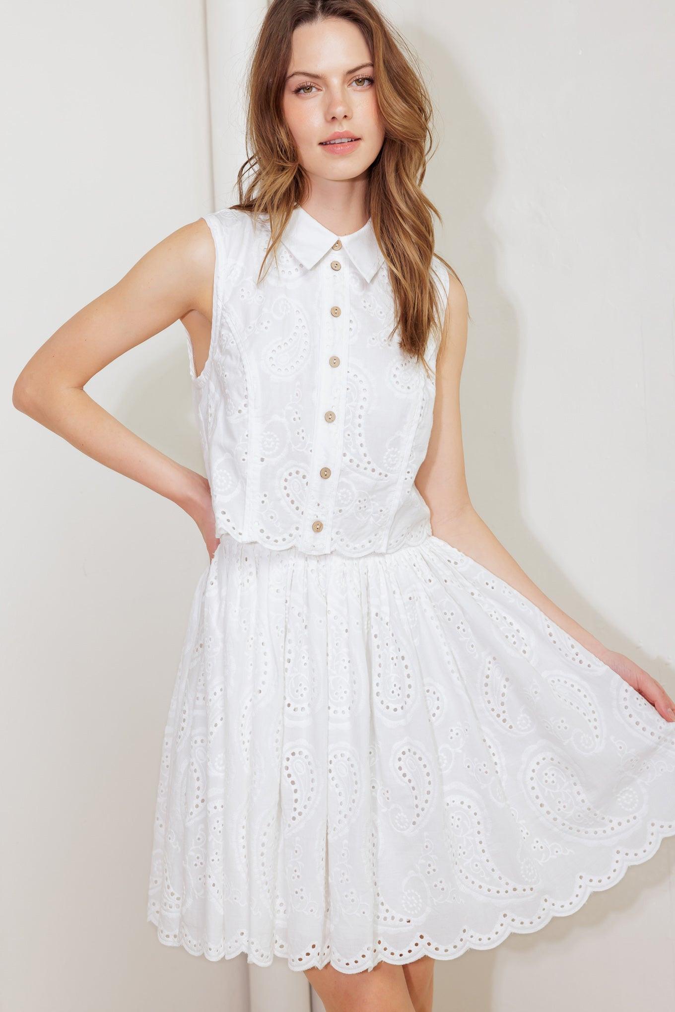 LEAF KISS White WOVEN EYELET MINI DRESS, White / L