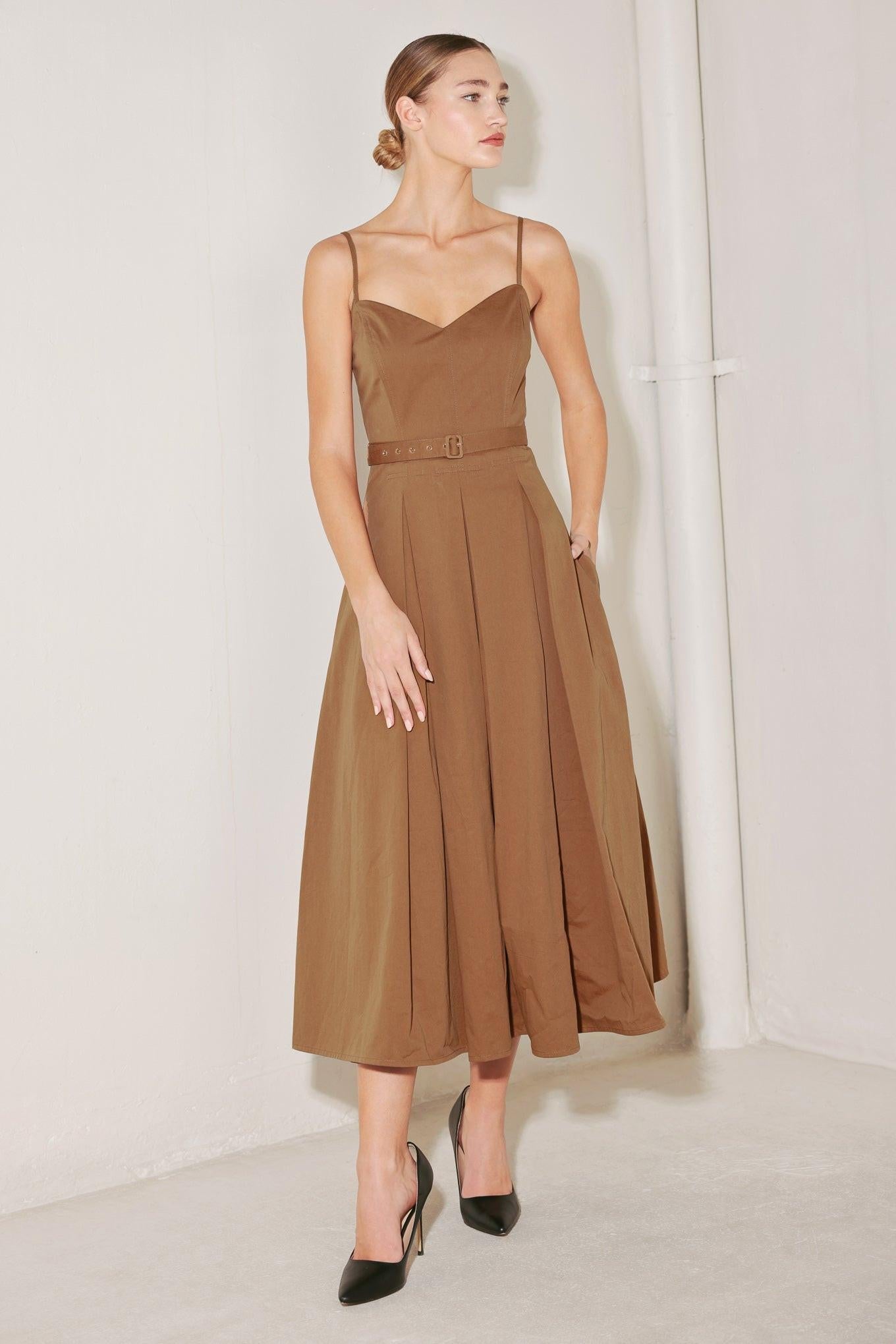 SUNSET SILHOUETTE WOVEN MIDI DRESS, BROWN / S