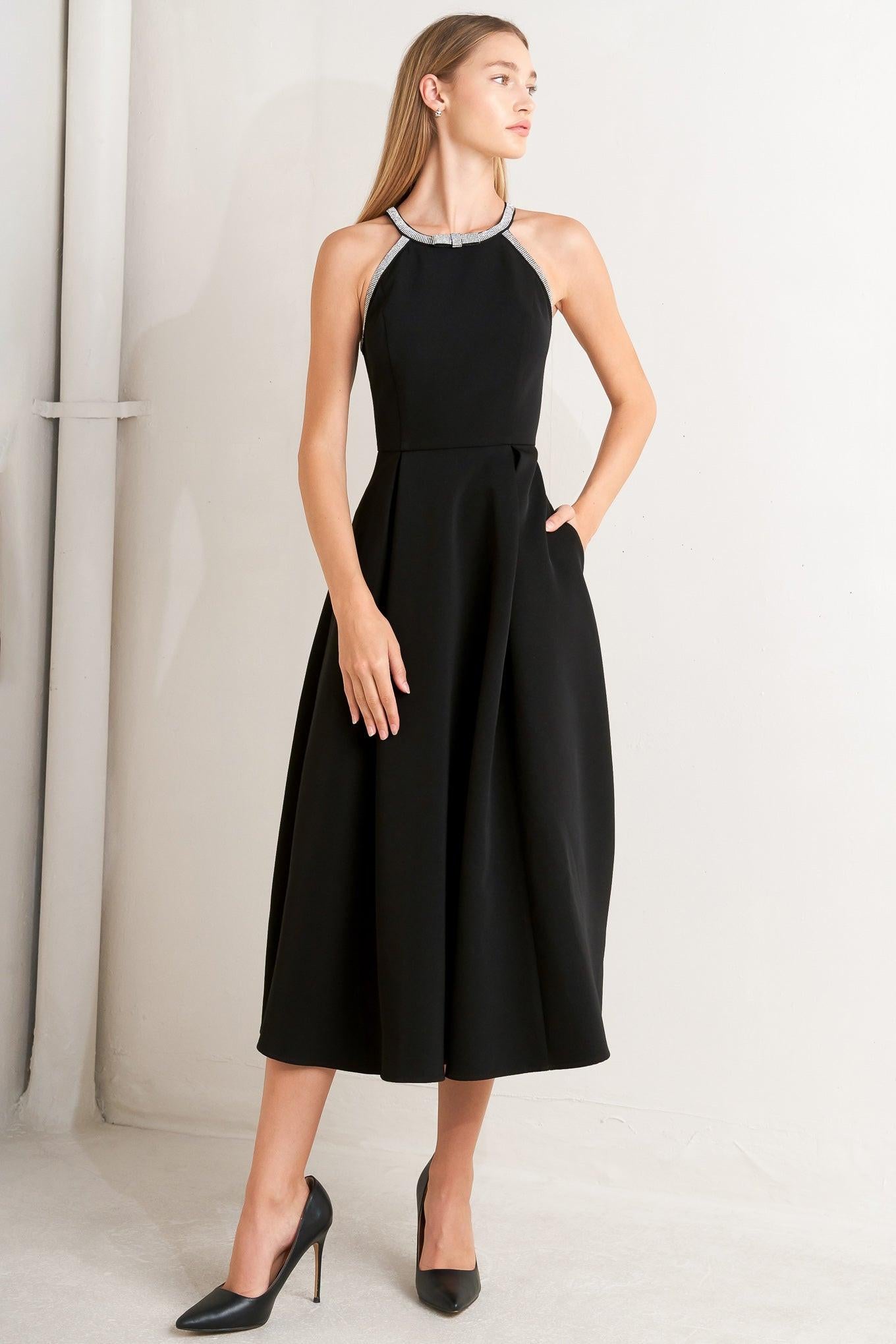 zulily formal dresses GALAXY CHARM WOVEN MIDI DRESS, Black / S pattern:Striped