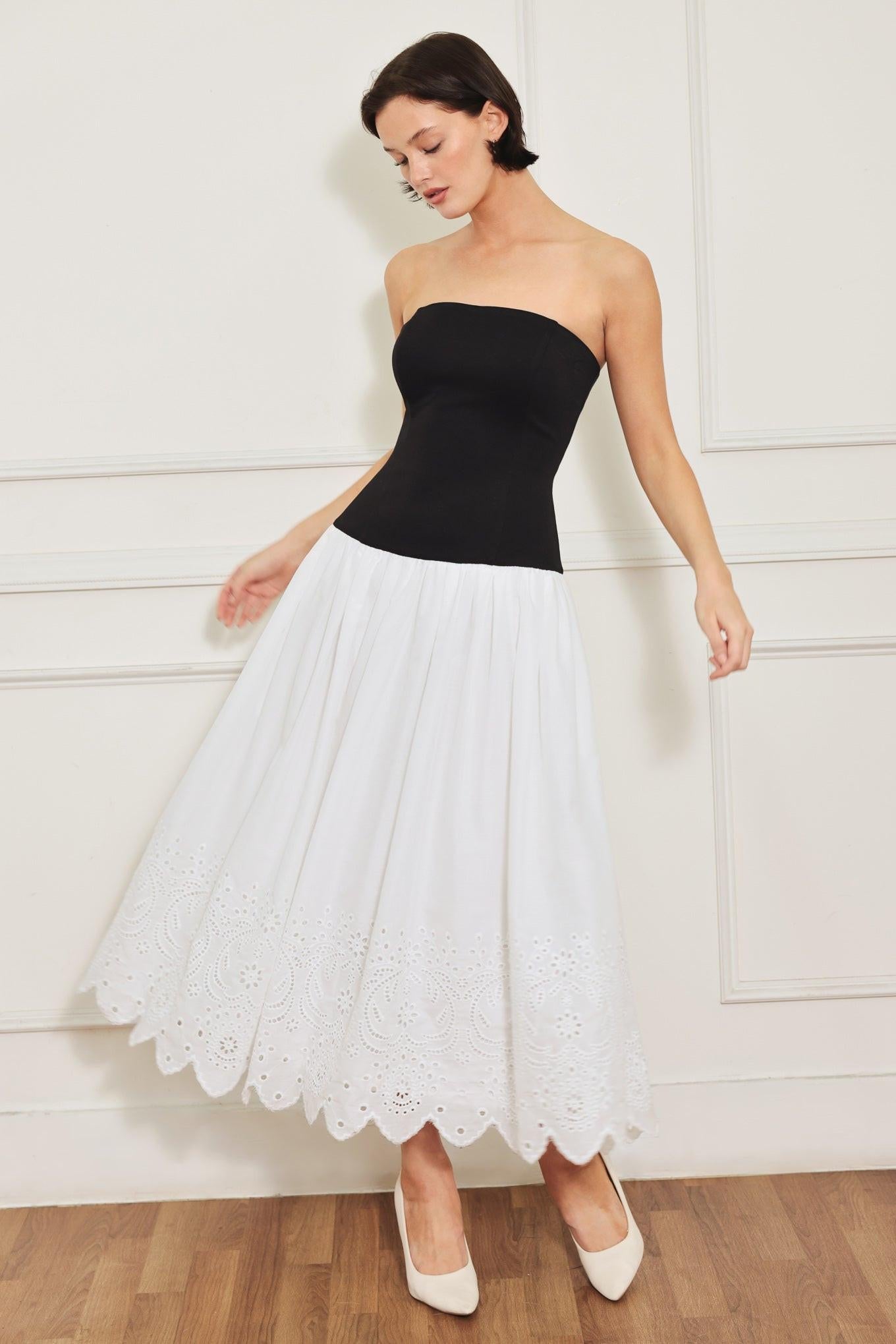 combination knit dress SOFT SPOKEN BEAUTY WOVEN MIDI DRESS, WHITE/BLACK / L Pleated dress zara
