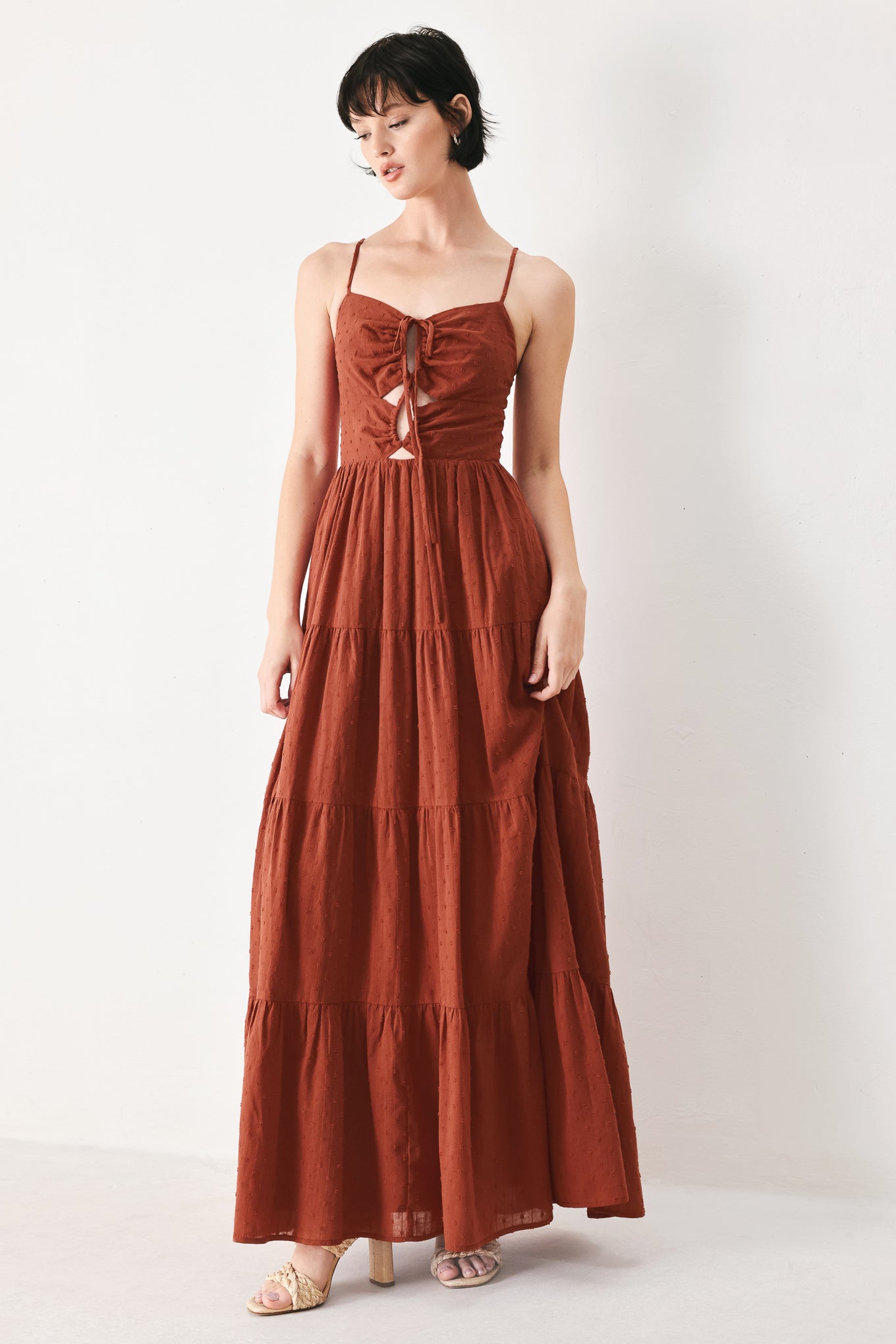 TERRACOTTA SUNSET WOVEN MAXI DRESS l FLYING TOMATO RUST / S