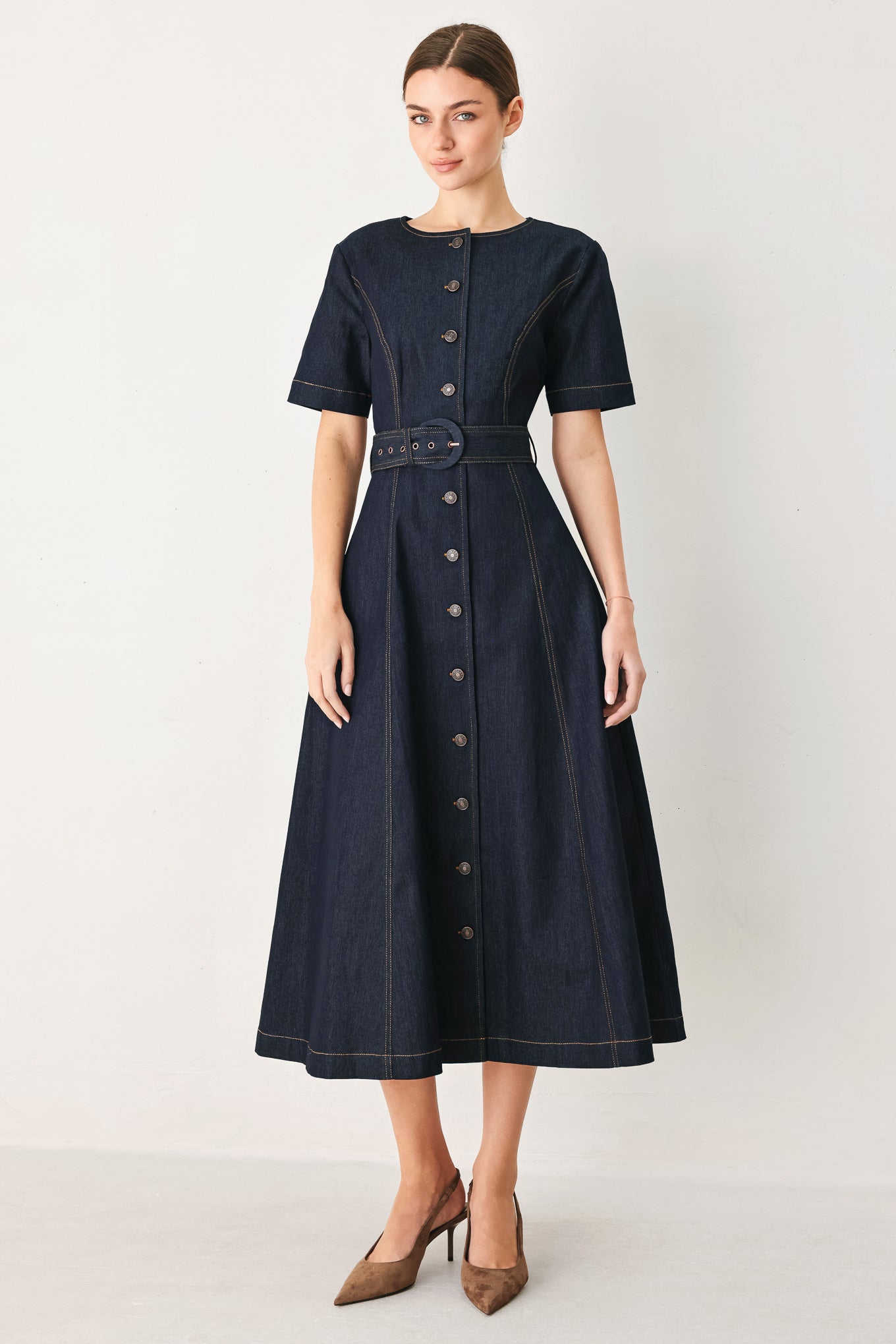 Romantic Denim Woven Midi Dress DARK Denim / 1X