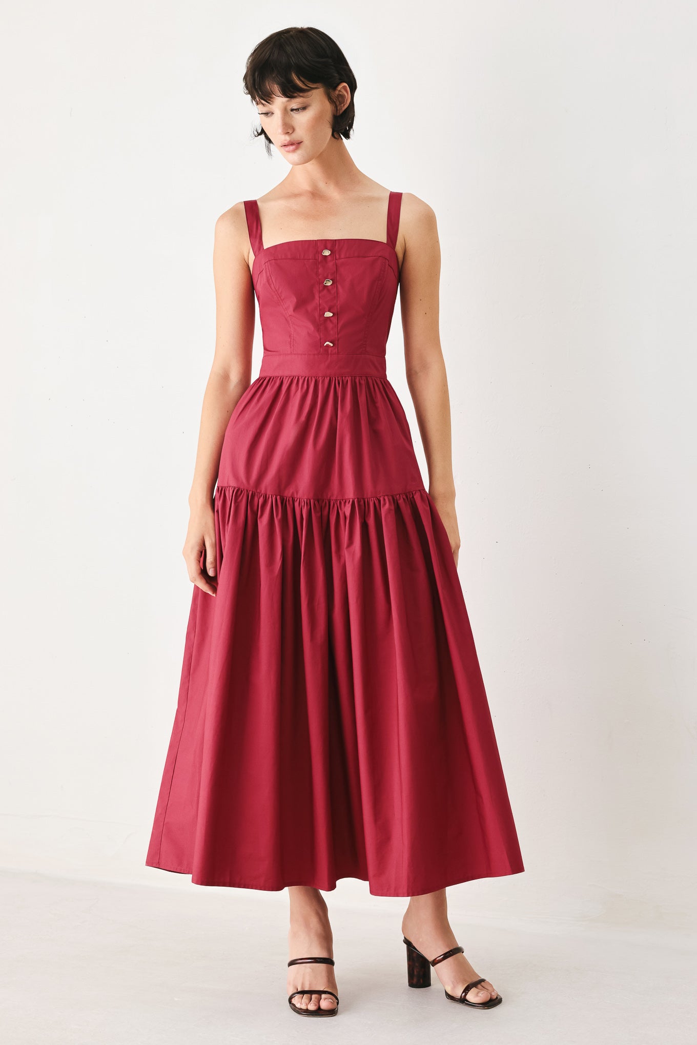 BERRY ROMANCE WOVEN MIDI DRESS, BURGUNDY / M