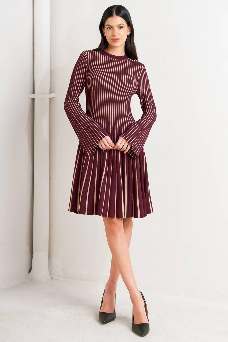 VERTICAL GRACE SWEATER MINI DRESS, BURGUNDY MULTI / L