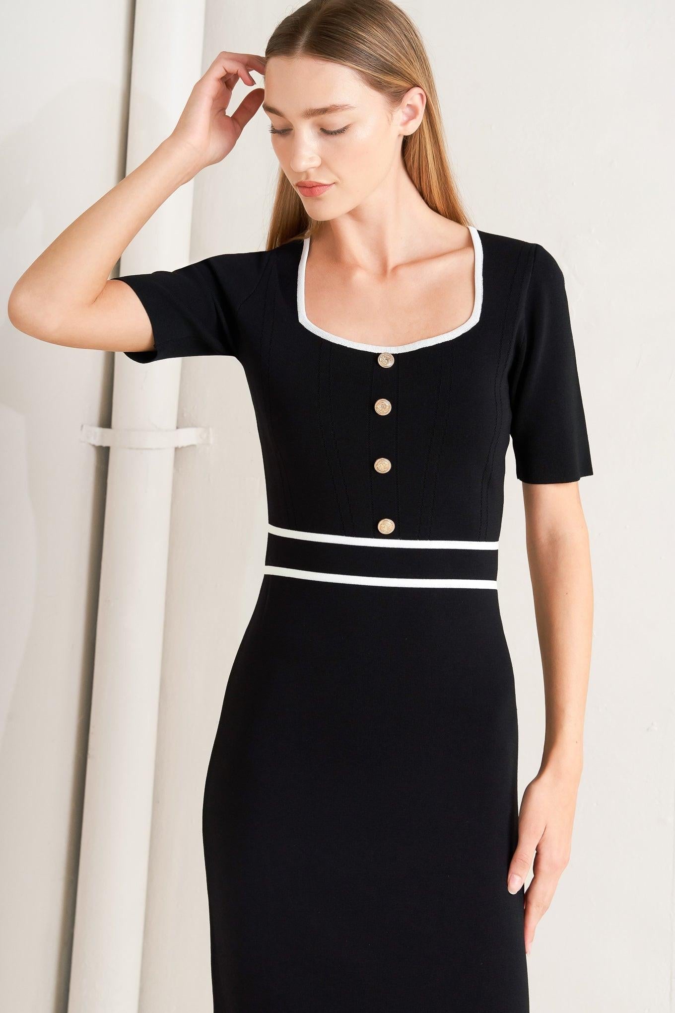 frame knit dress ELEGANT FRAME SWEATER KNIT MIDI DRESS, BLACK/WHITE / S