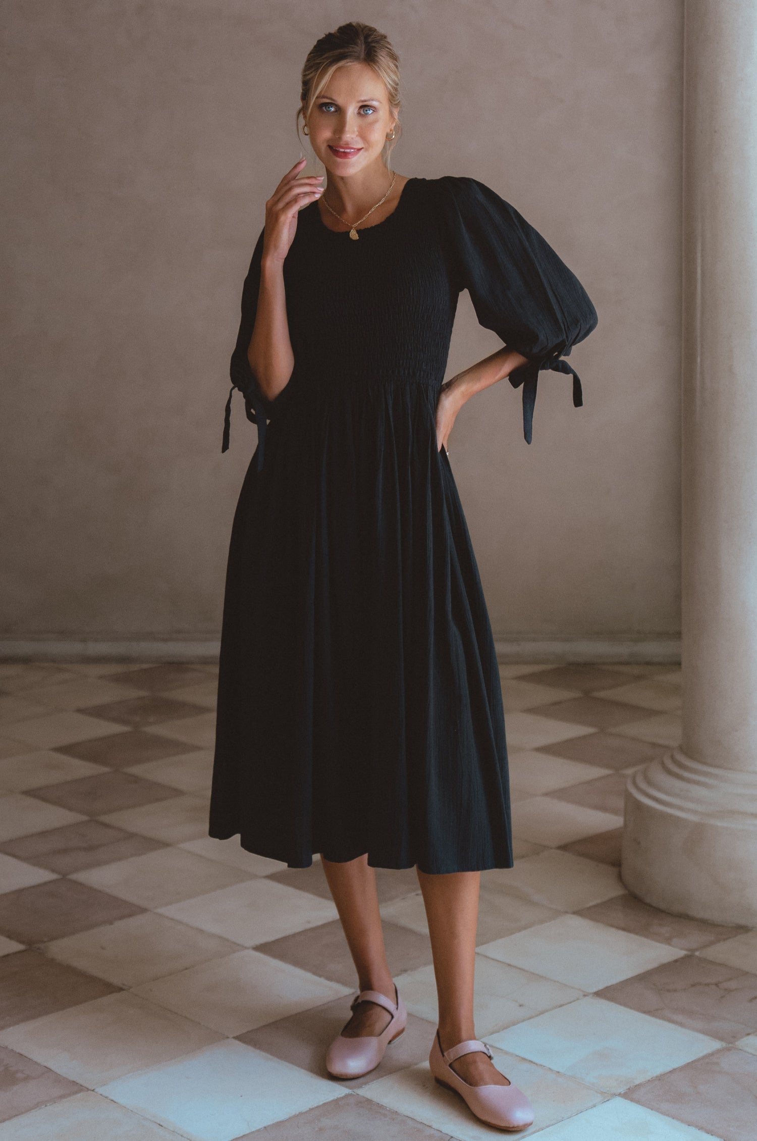 knee length dresses for ladies Black Smocked Midi Dress - All Dresses main image 1