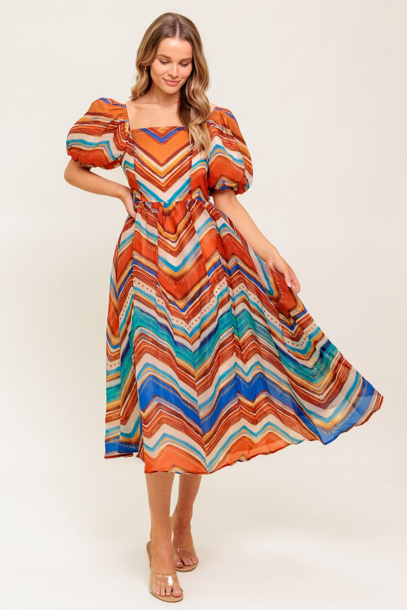 bright colored cocktail dresses FLYING TOMATO Print Puff Sleeve Midi Dress in Rust Blue at Nordstrom Rack, Size Small Size Code | OS inspired printing in earth Brown Short Sleeve Cinched Size:120