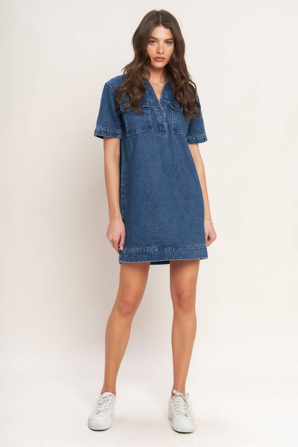 FLYING TOMATO Short Sleeve Denim Minidress - Medium Indigo