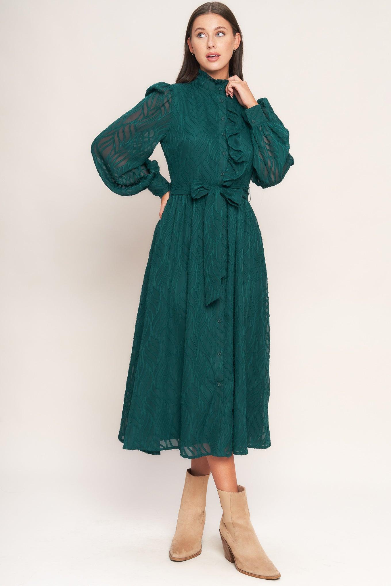EMERALD WHISPER WOVEN MIDI DRESS L FLYING TOMATO DARK GREEN / L
