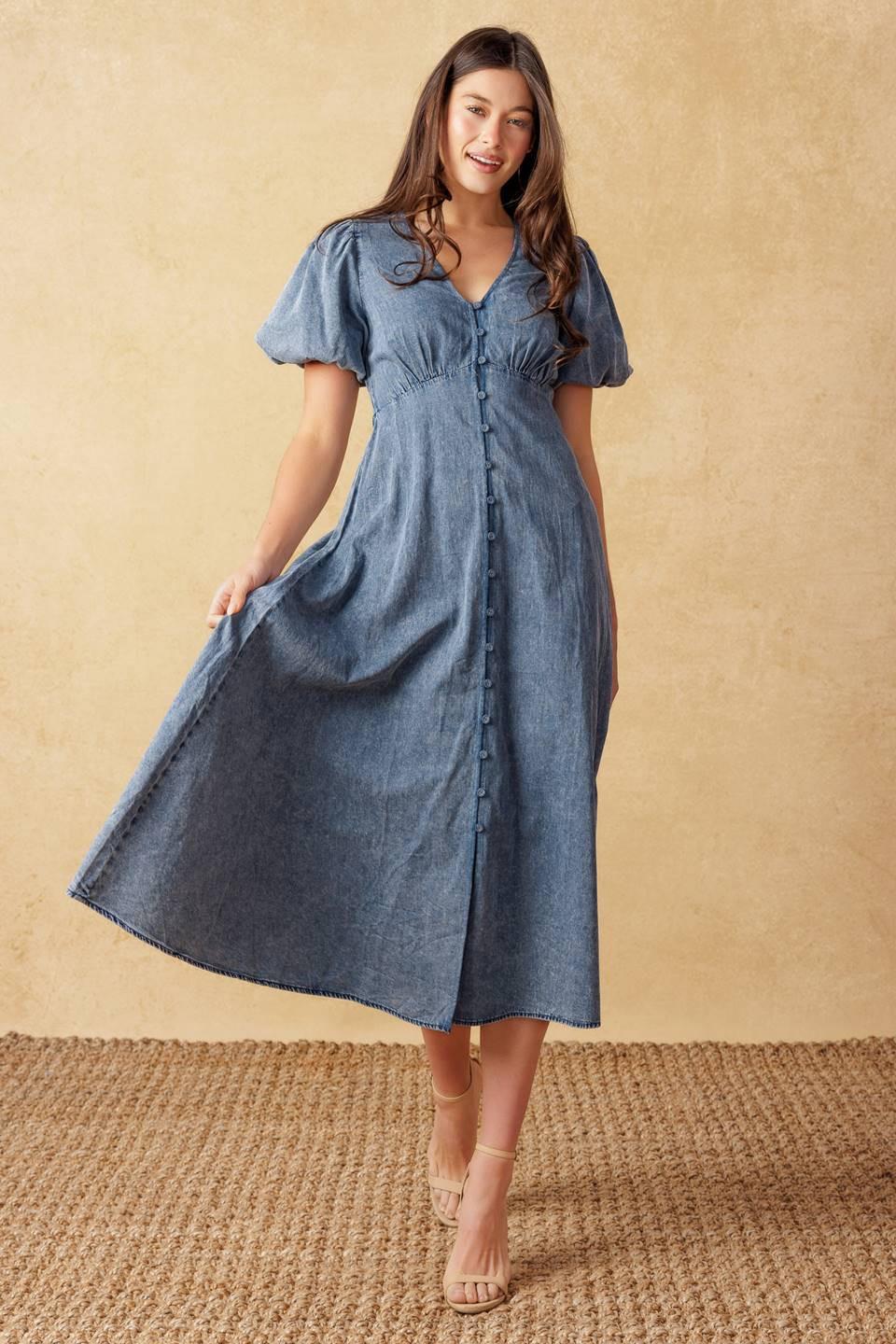 FOREVER MINE LIGHT WEIGHT DENIM MIDI DRESS l FLYING TOMATO ACID BLUE / M