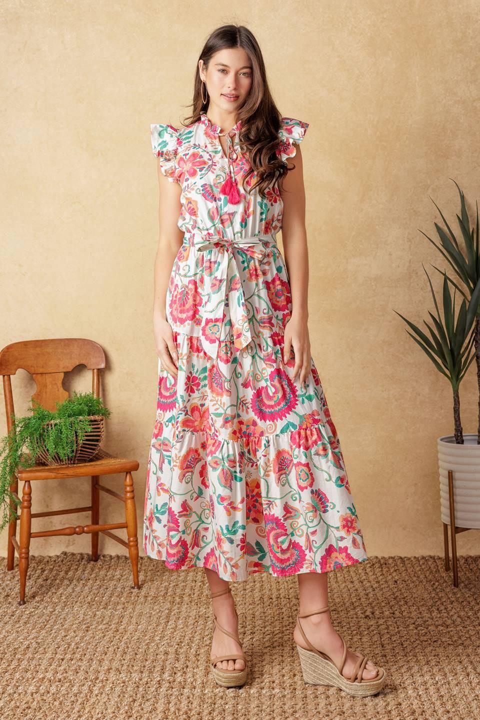 bright midi dress MOMENTS WOVEN L FLYING TOMATO IVORY/PINK FLORAL / L Size medium measures 52.5 Waist Inches:46 kimono plage femme Women's Gameday Couture Navy