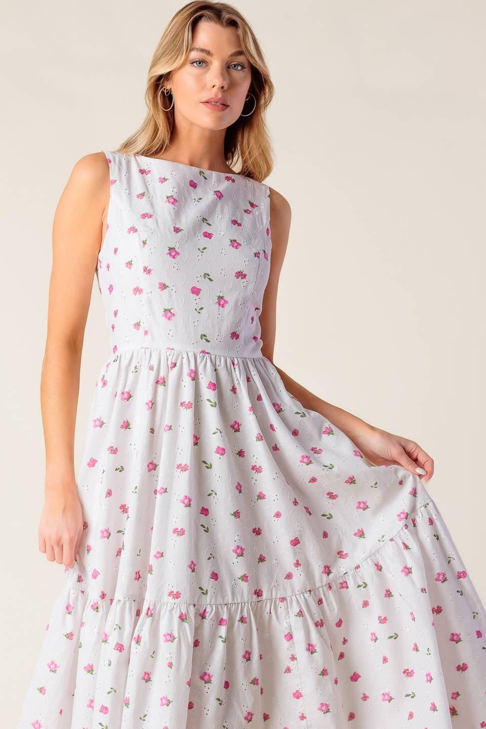 Thena Garden Party Woven Eyelet Midi Dress