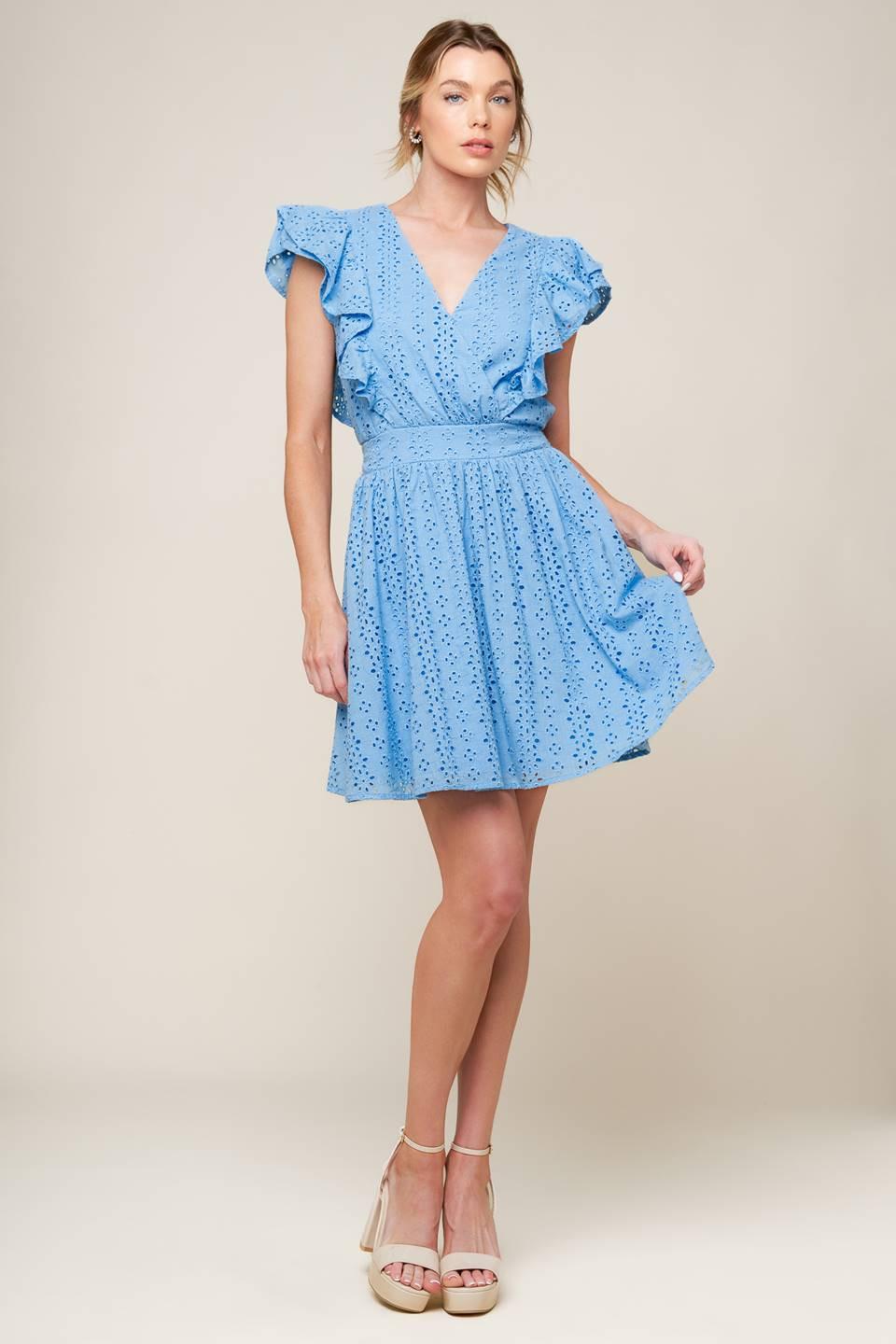 hold the phone eyelet mini dress KEEP ME CLOSE POWDER BLUE WOVEN l FLYING TOMATO POWDER BLUE / S It features an eyelet Pastel Halter Dress - Size:150 global-lining_fabric-Polyester Chiffon