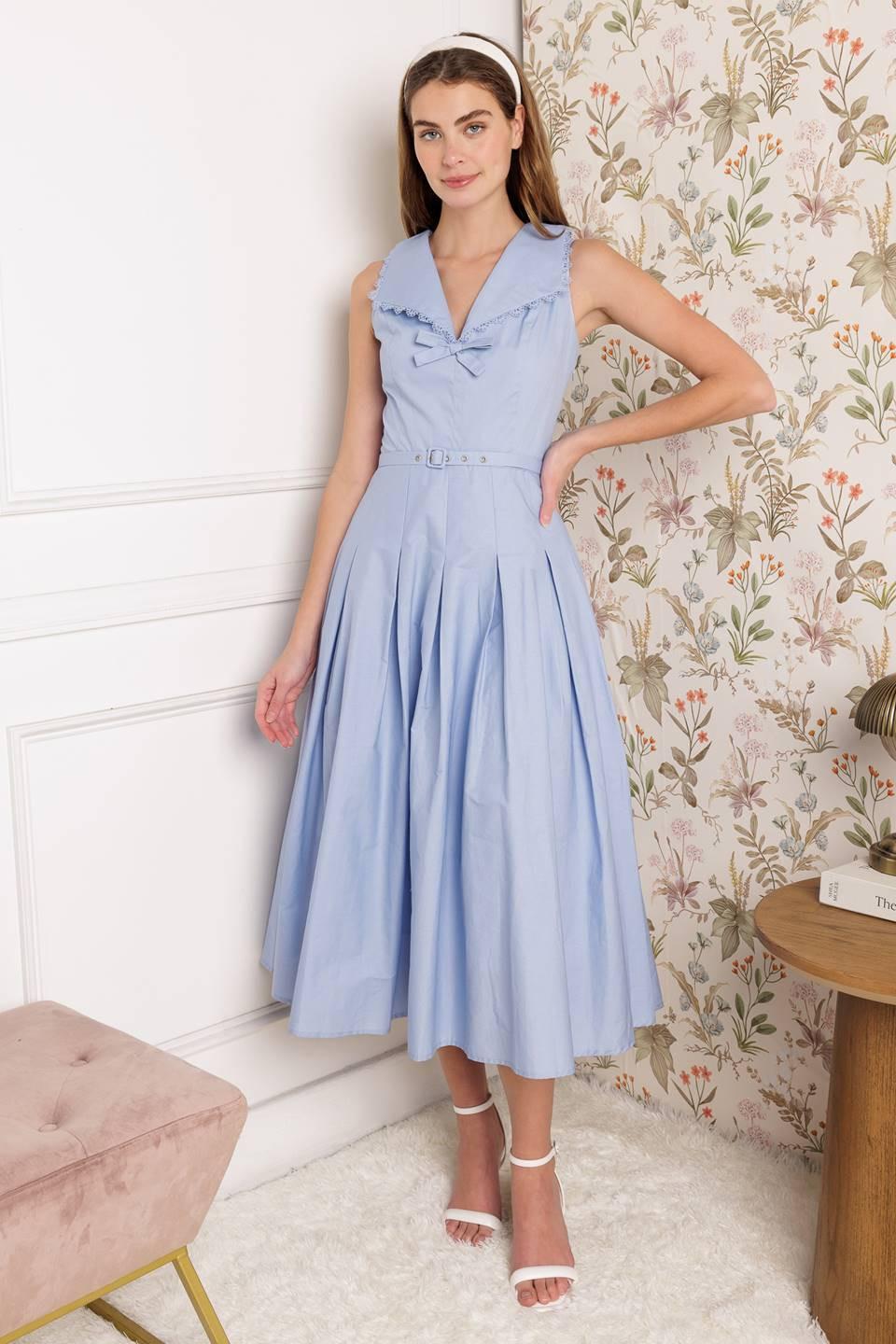 HOPPING ISLANDS WOVEN MIDI DRESS L FLYING TOMATO POWDER BLUE / L