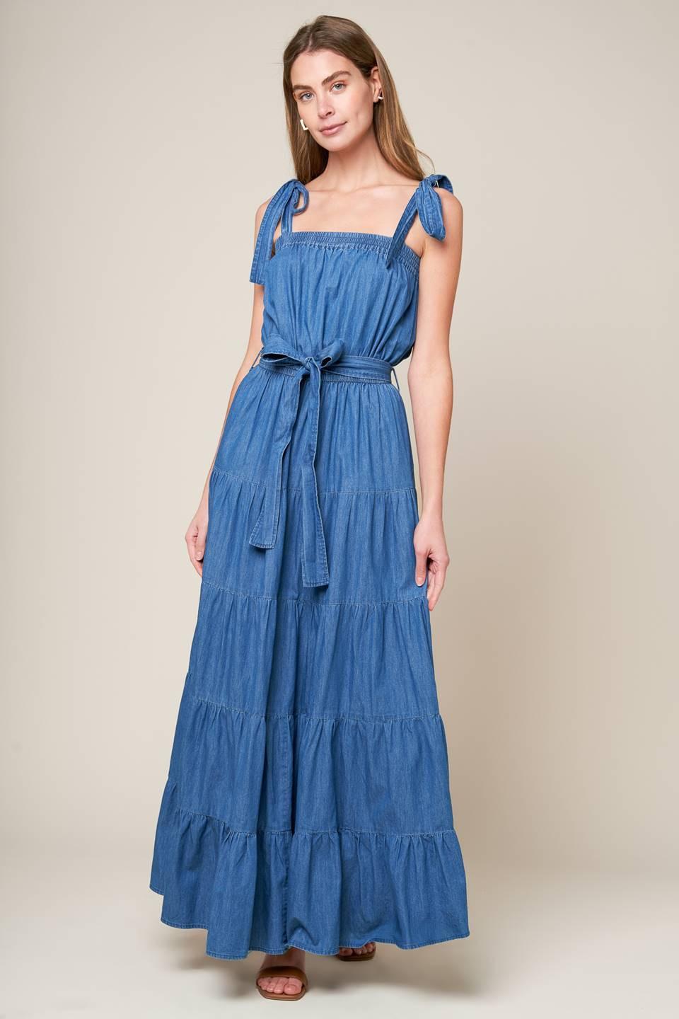 prettiest maxi dresses BEHAVIOR CHAMBRAY DRESS l FLYING TOMATO MEDIUM INDIGO / S Color:Fog Pretty Woman Brown Polka this dress features a Twill (lightweight)