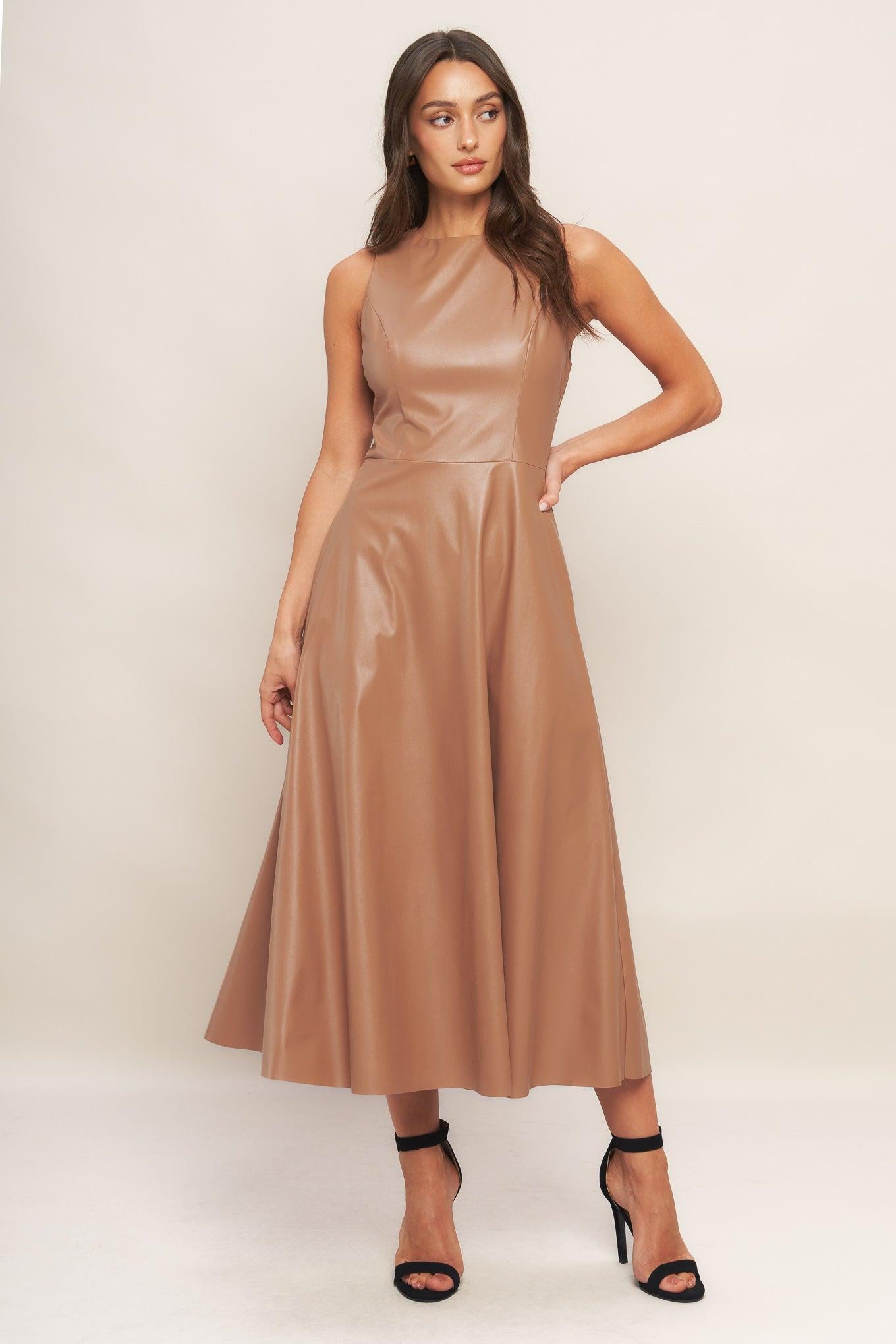 faux leather midi dress Bare Sophistique Faux Leather Midi Dress CAMEL / M