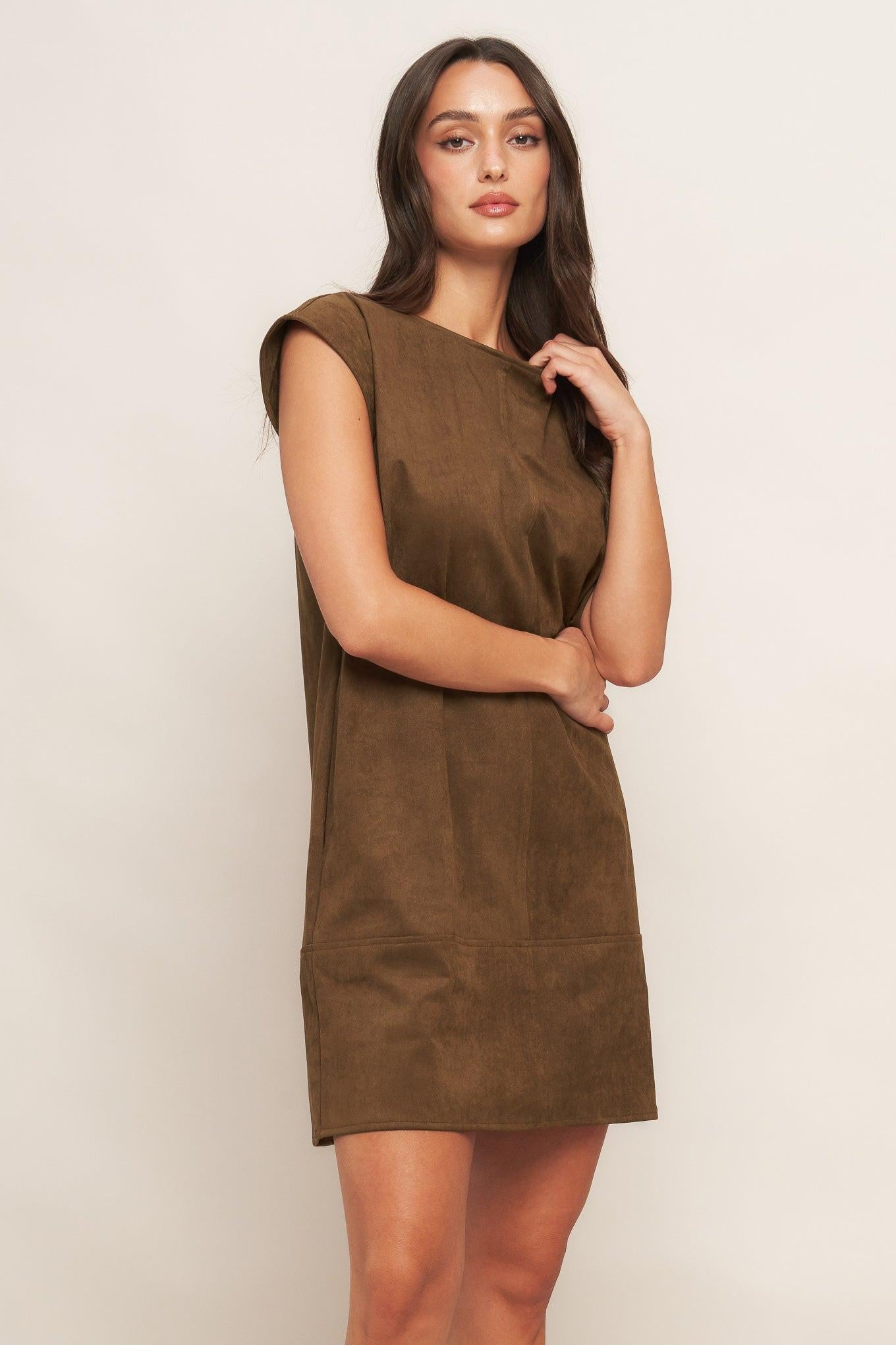 QUIET LUXURY EDGE FAUX SUEDE MIDI SHIFT DRESS L Flying Tomato BROWN / L