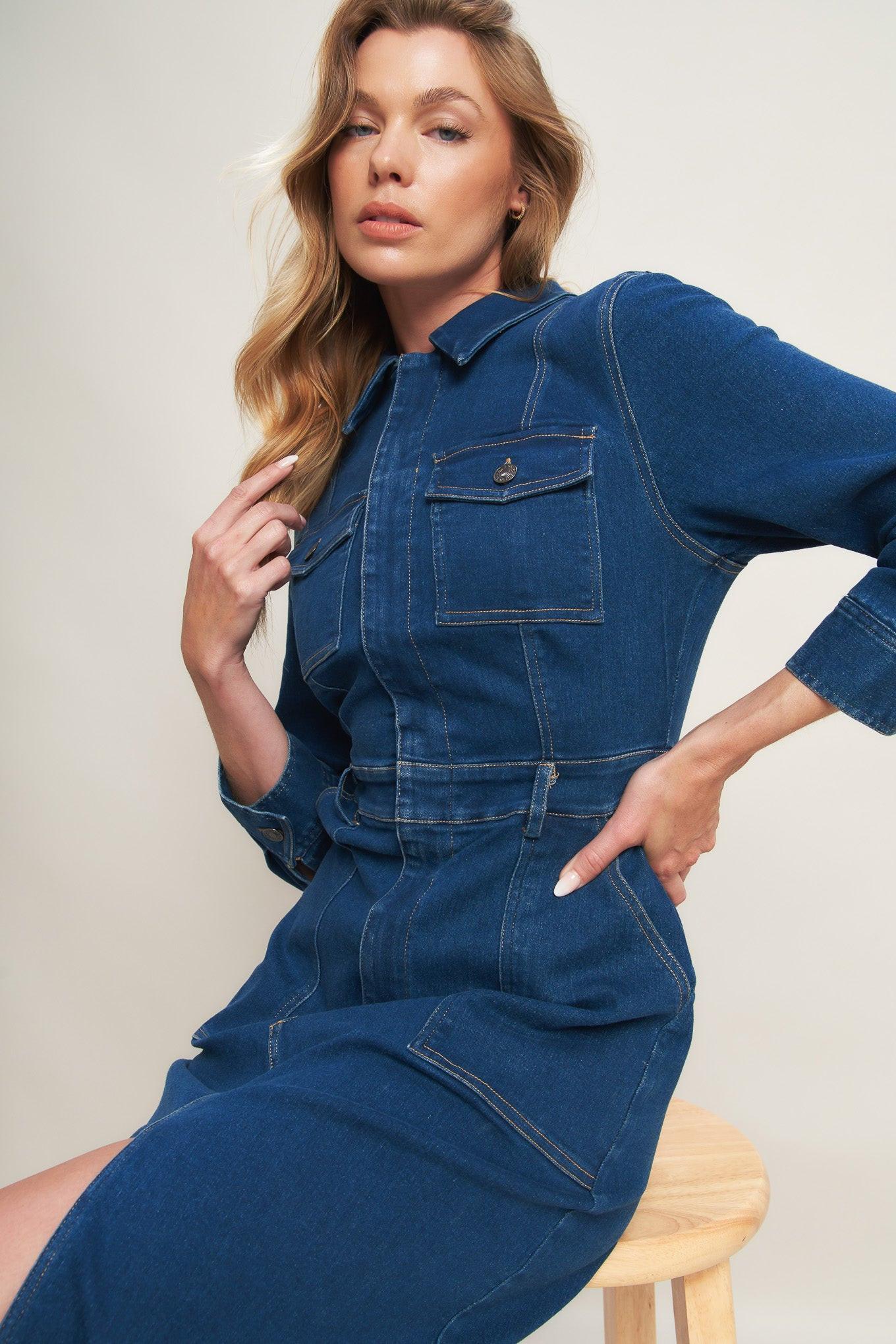long sleeve midi denim dress for women Dark Indigo Denim Long Sleeve Button Front Midi Dress