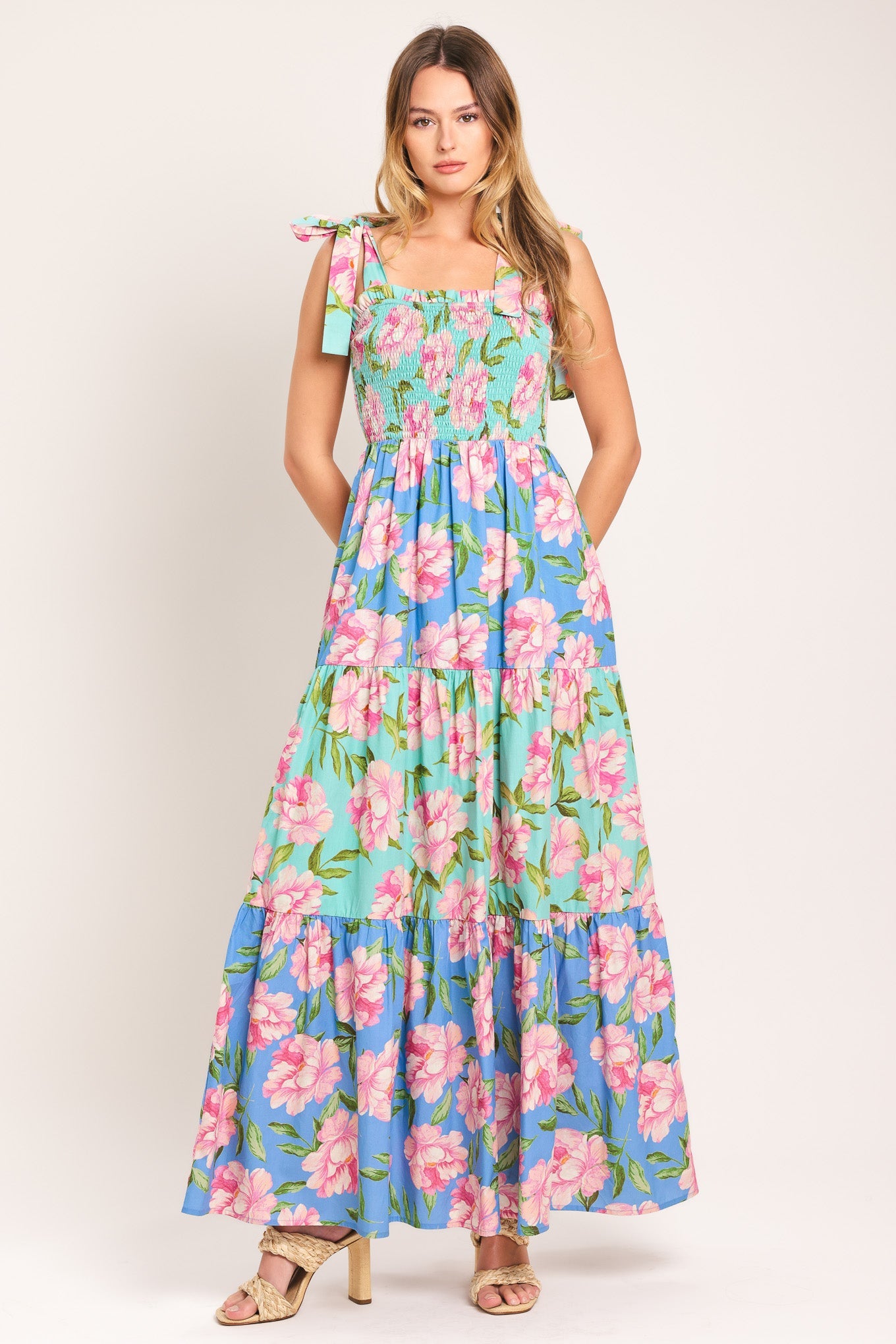 floral maxi dress pastel Floral Print Maxi Dress in Blush Pink With High Neckline| Oh Pretty Blush Pink / L