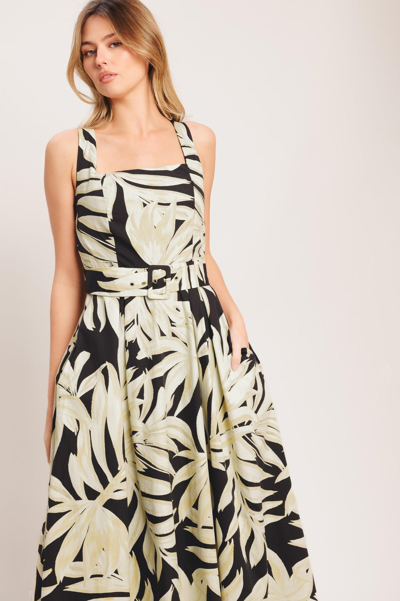 Mono Leaf Statement Woven Midi Dress