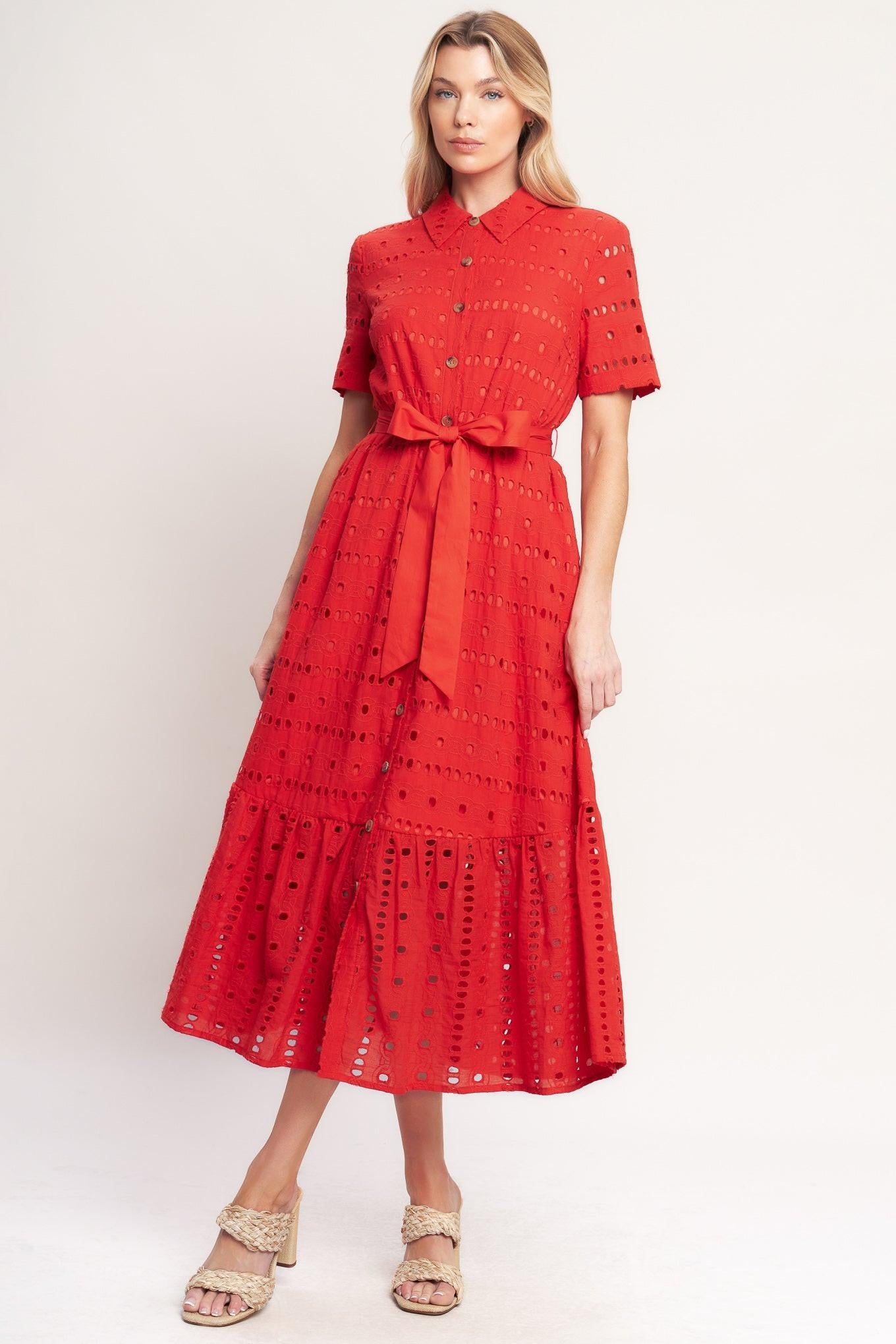 POWER SCARLET WOVEN EYELET MIDI DRESS, TOMATO RED / S