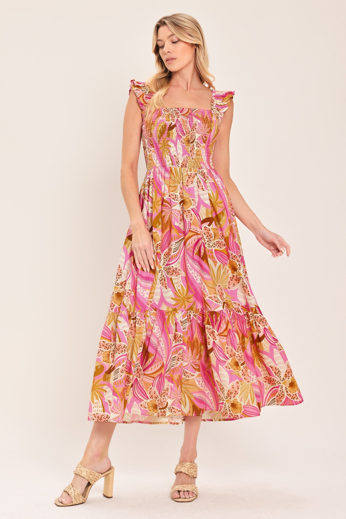 CABANA CRUSH WOVEN MIDI DRESS l FLYING TOMATO PINK BROWN / S
