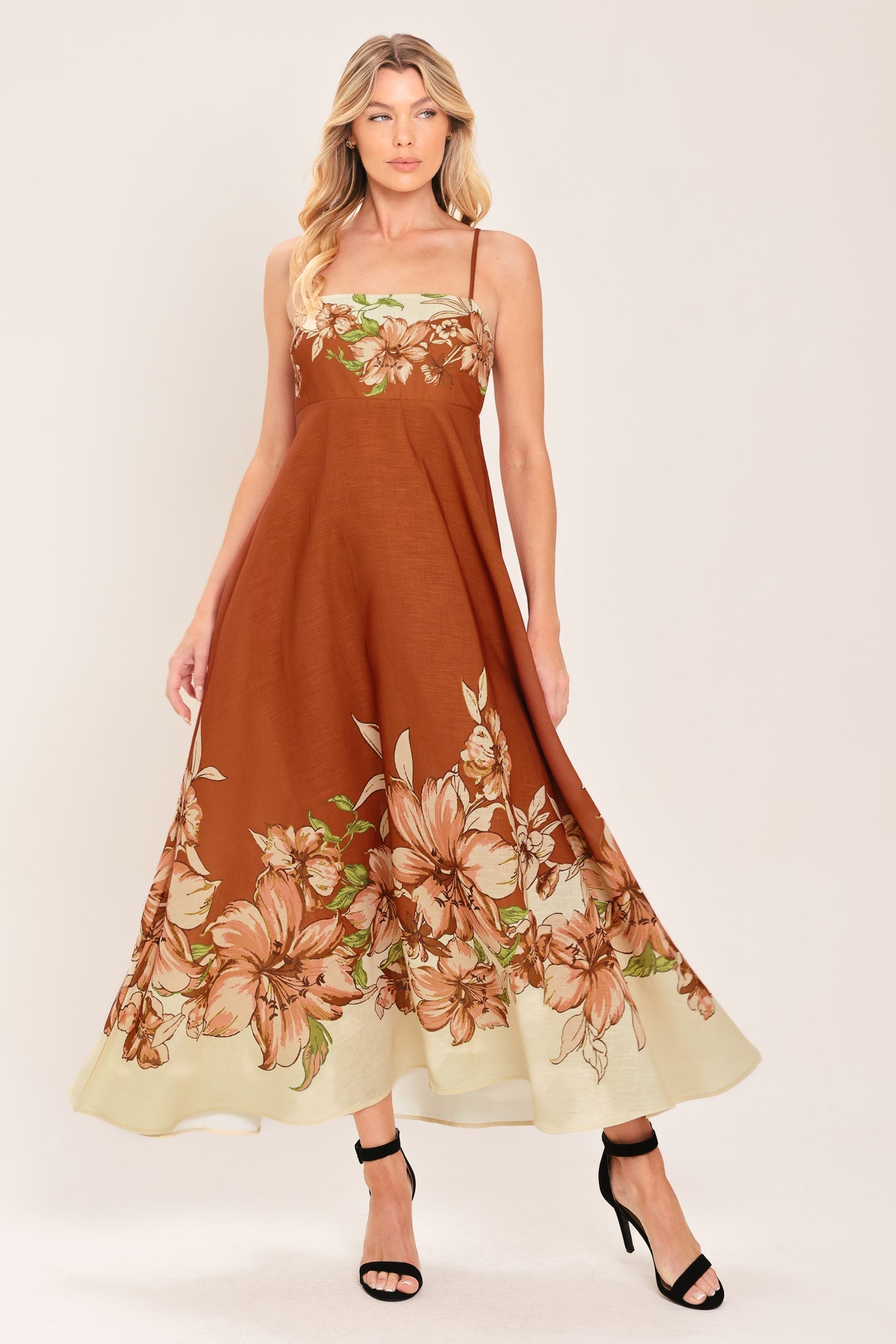 FLYING TOMATO Floral Print Sleeveless Maxi Dress in Terracotta at Nordstrom, Size Medium