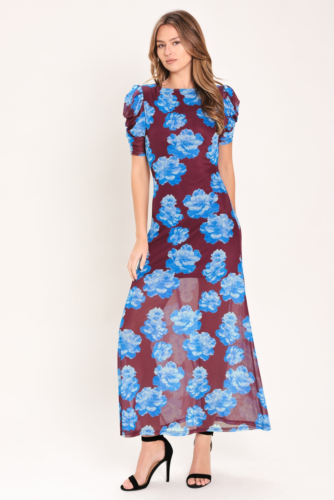 Floral Mesh Midi Dress Wine / L