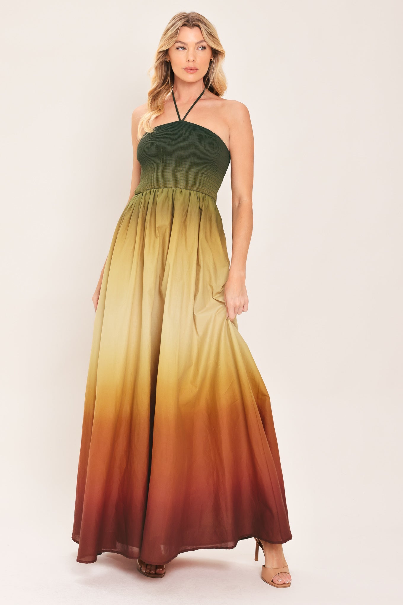 SUNSET OMBRE WOVEN MAXI DRESS, OLIVE RUST / M
