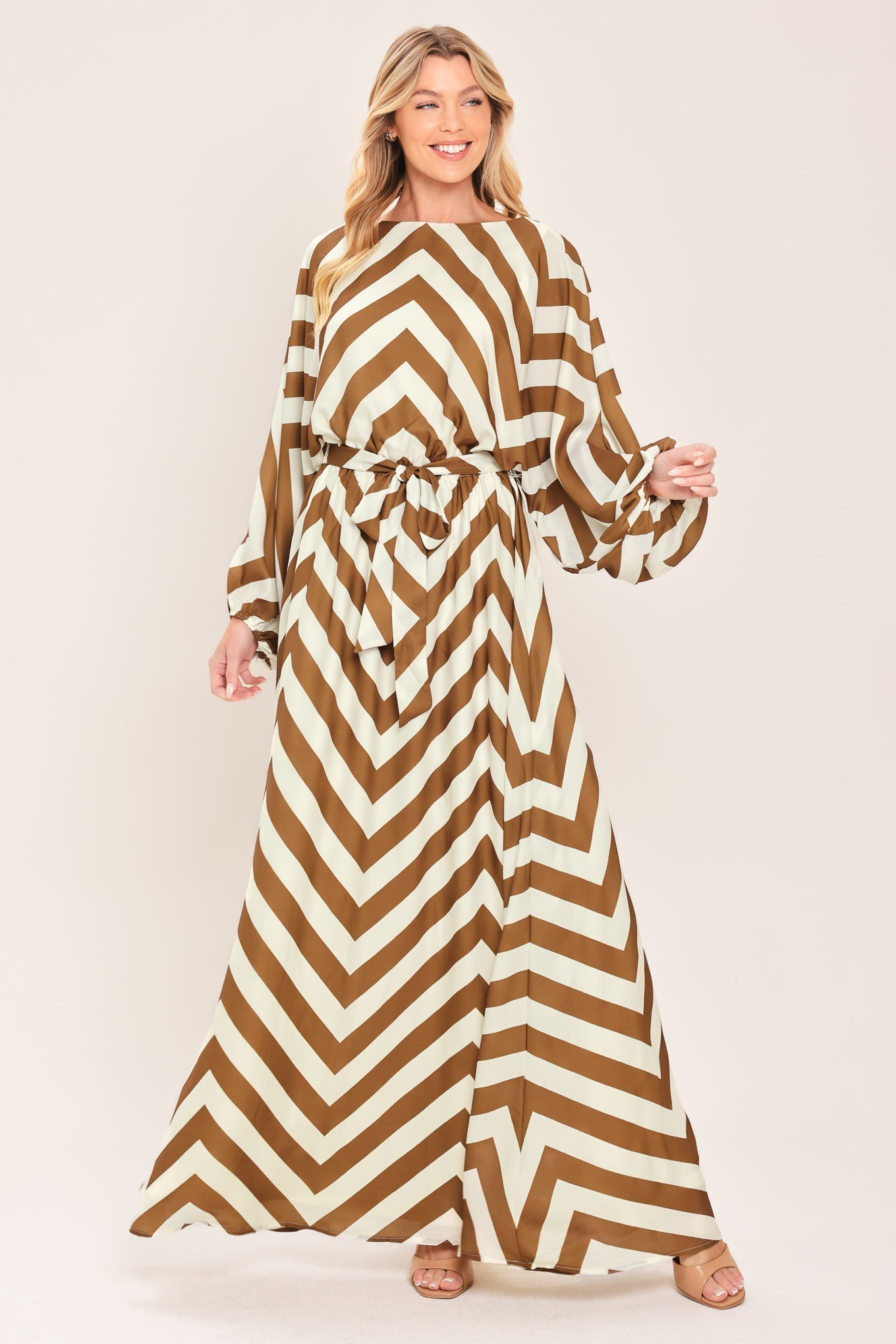 RESORT CHEVRON WOVEN MAXI DRESS l FLYING TOMATO IVORY/BROWN / S