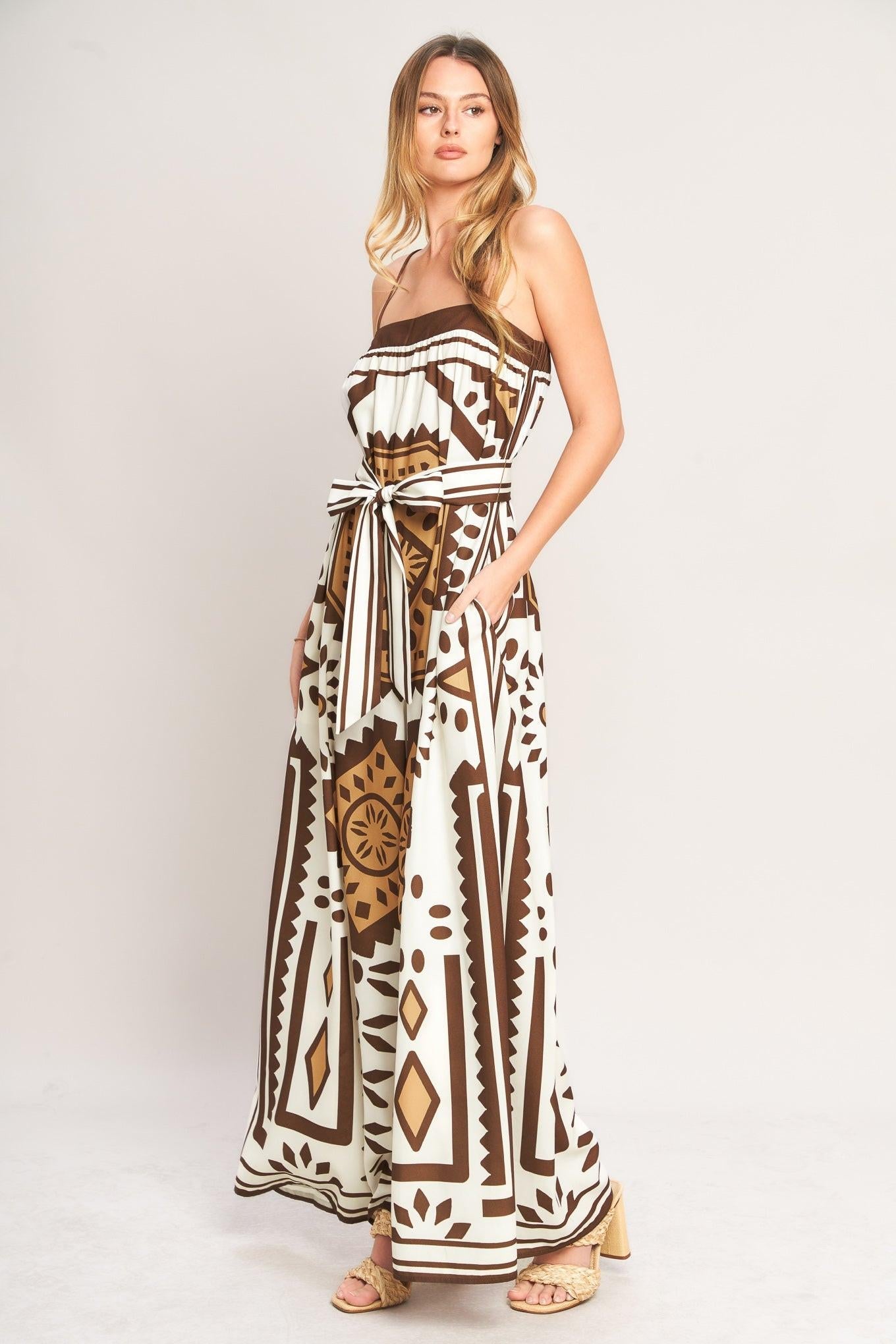 EARTHY ELEGANCE BOHO WOVEN JUMPSUIT l FLYING TOMATO BROWN/IVORY / M