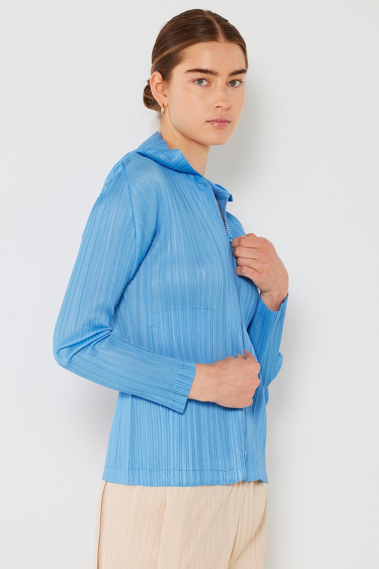 Marina West J01HD Pleated Two-Way Zipper Hooded Jacket