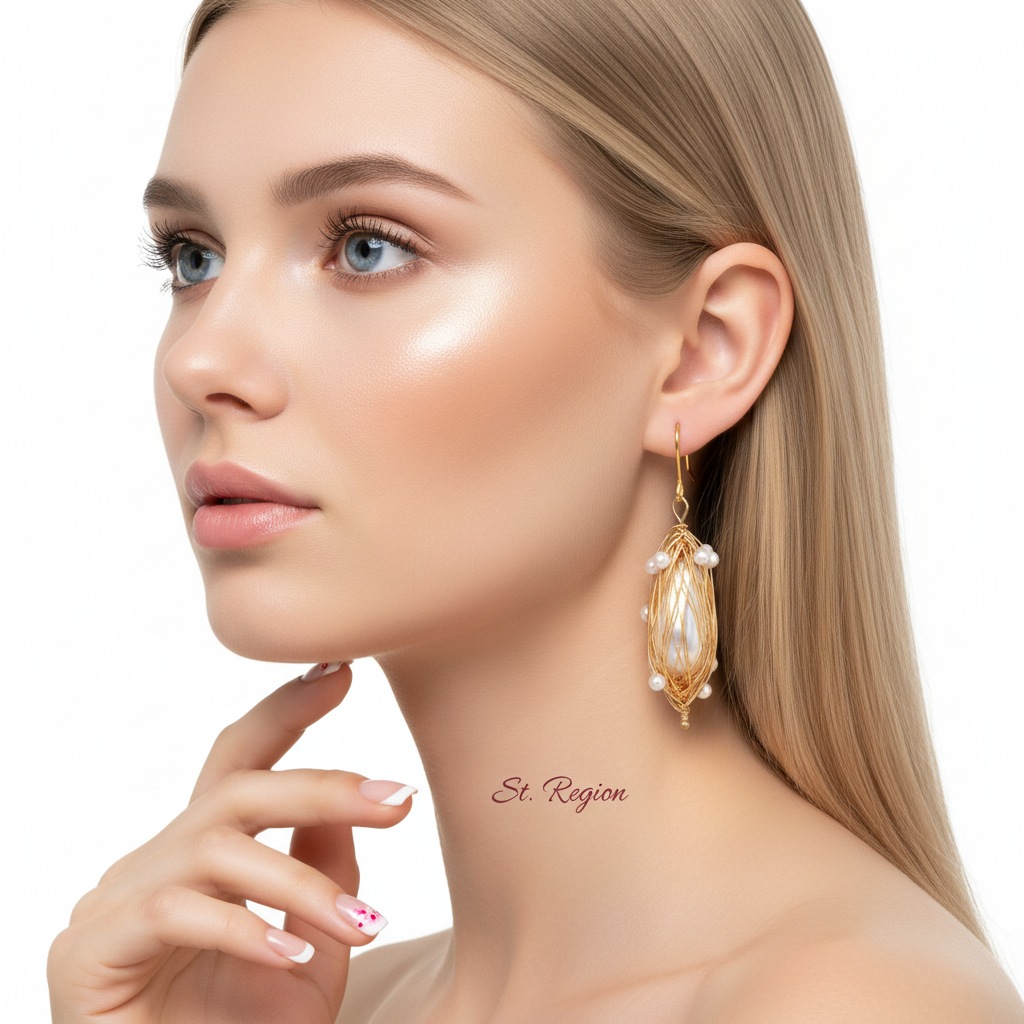 Pearl & Goldtone Nest Hook Earrings