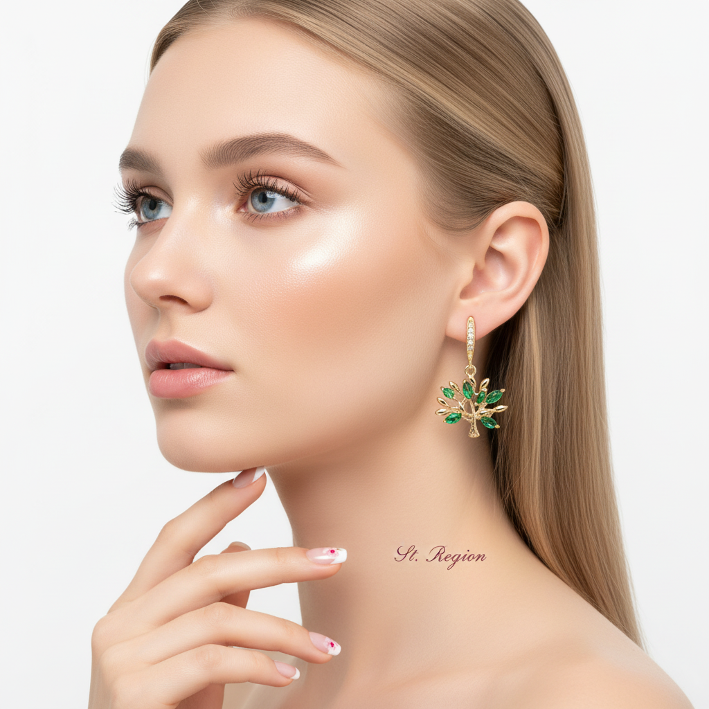 Green Crystal & Cubic Zirconia Goldtone Tree Hook Earrings