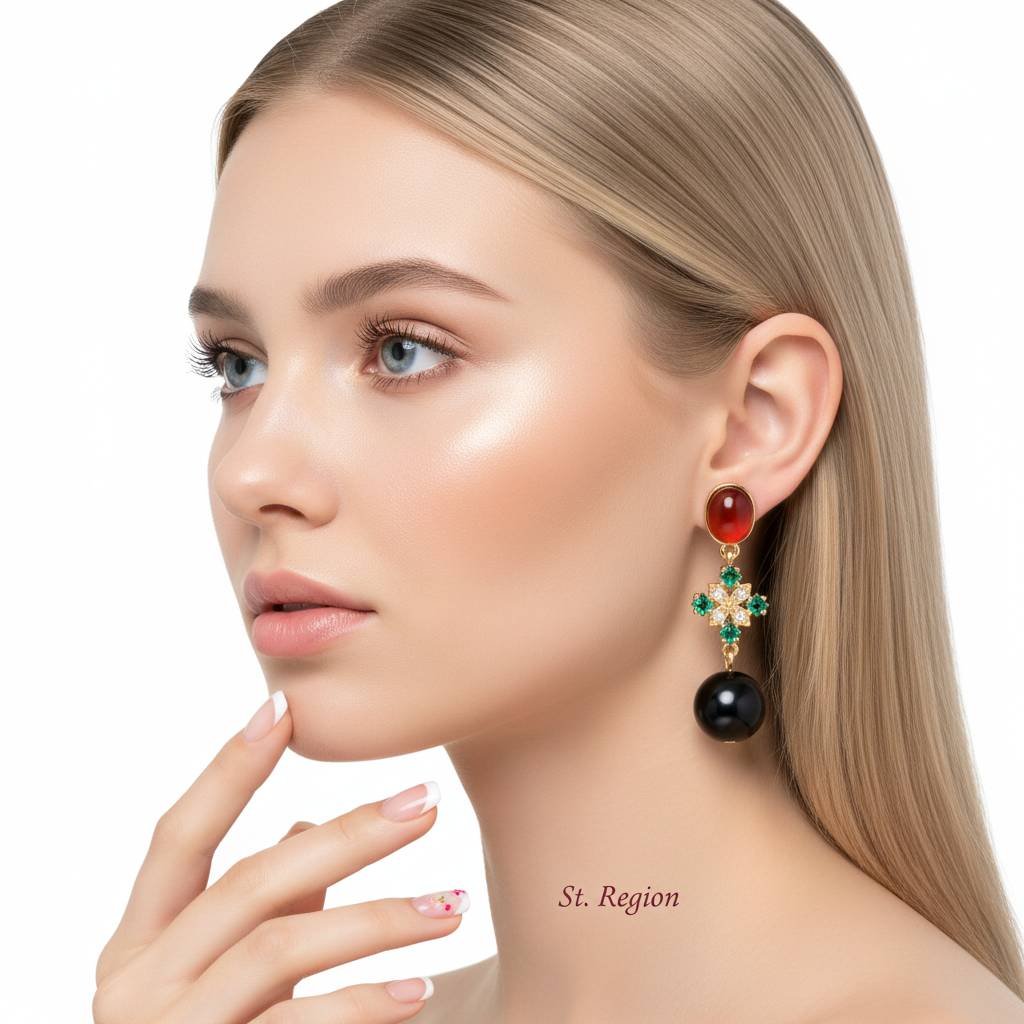 Red Resin & Green Crystal Goldtone Flower Ball Dangle Earrings