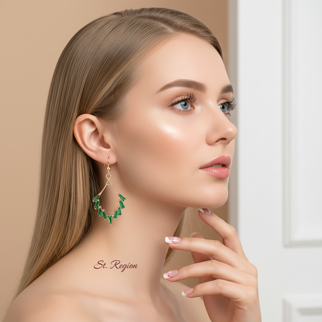Green Cubic Zirconia & Goldtone Rhombus Hook Earrings