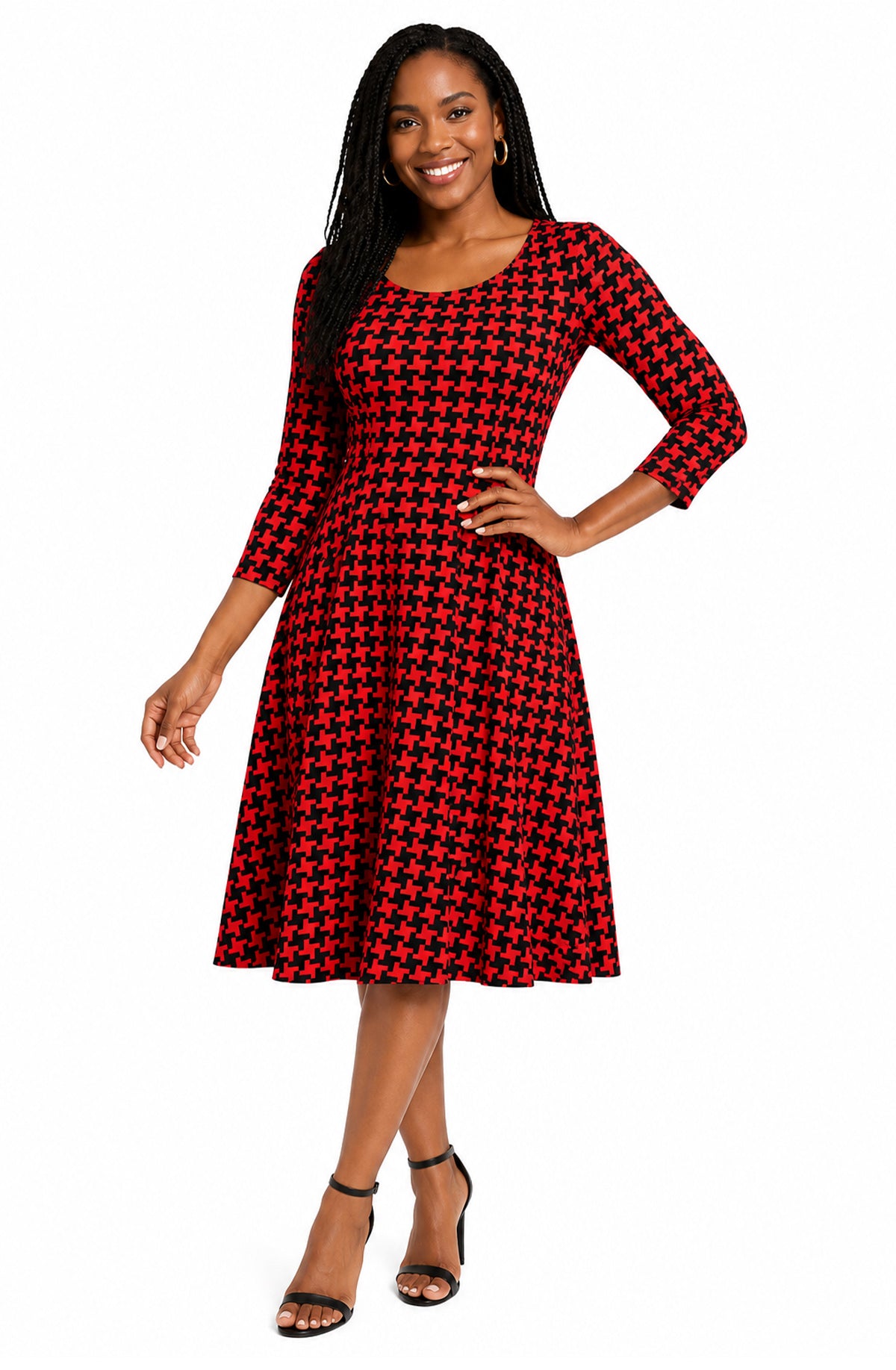 Lily by Firmiana Women’s ¾ Sleeve Fit-and-Flare Dress Black & Red Houndstooth Black & Red Houndstooth / 4XL