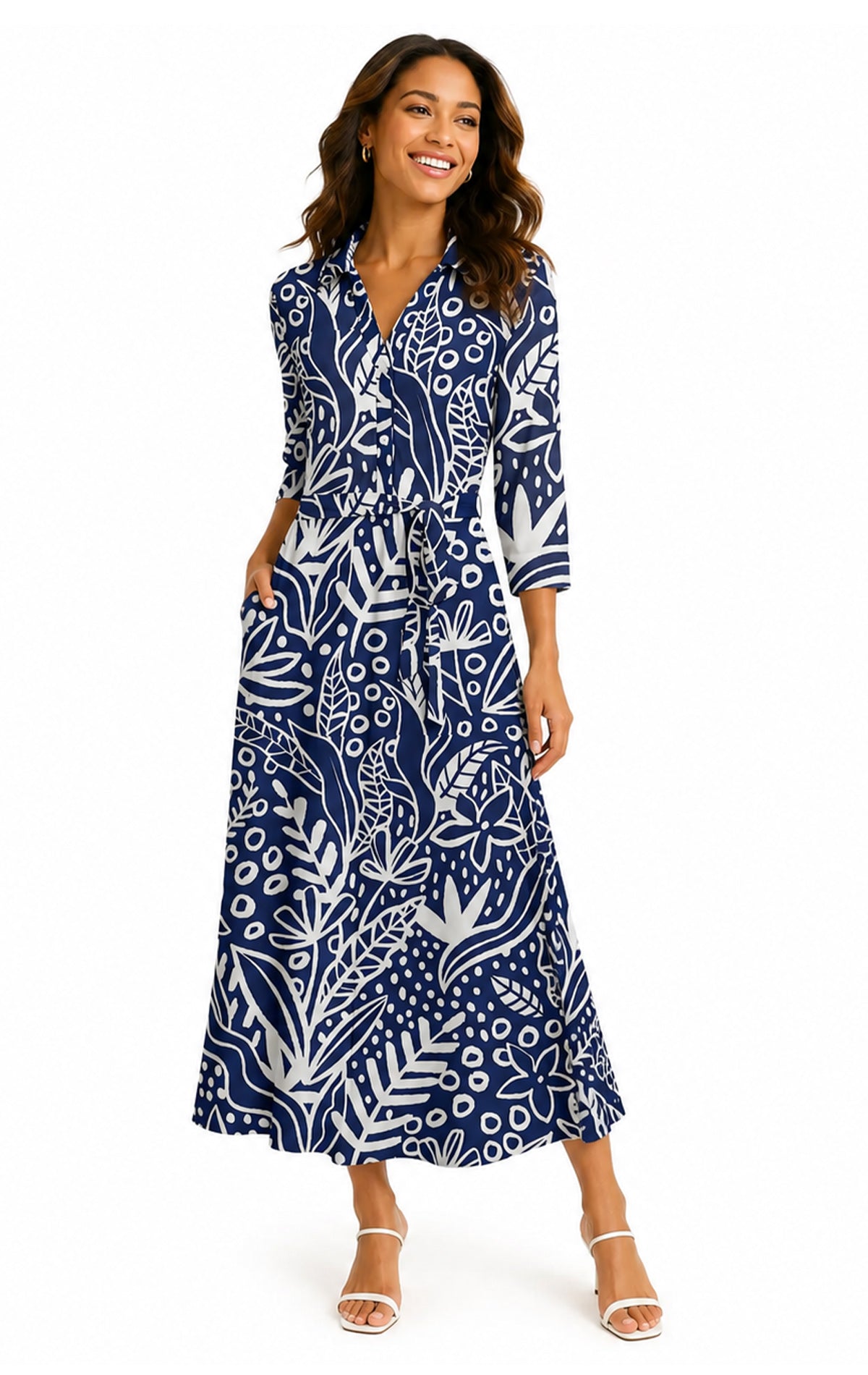 Lily by Firmiana Women's Long Sleeve Collared Maxi Dress with Tie Blue & White Leaf Print