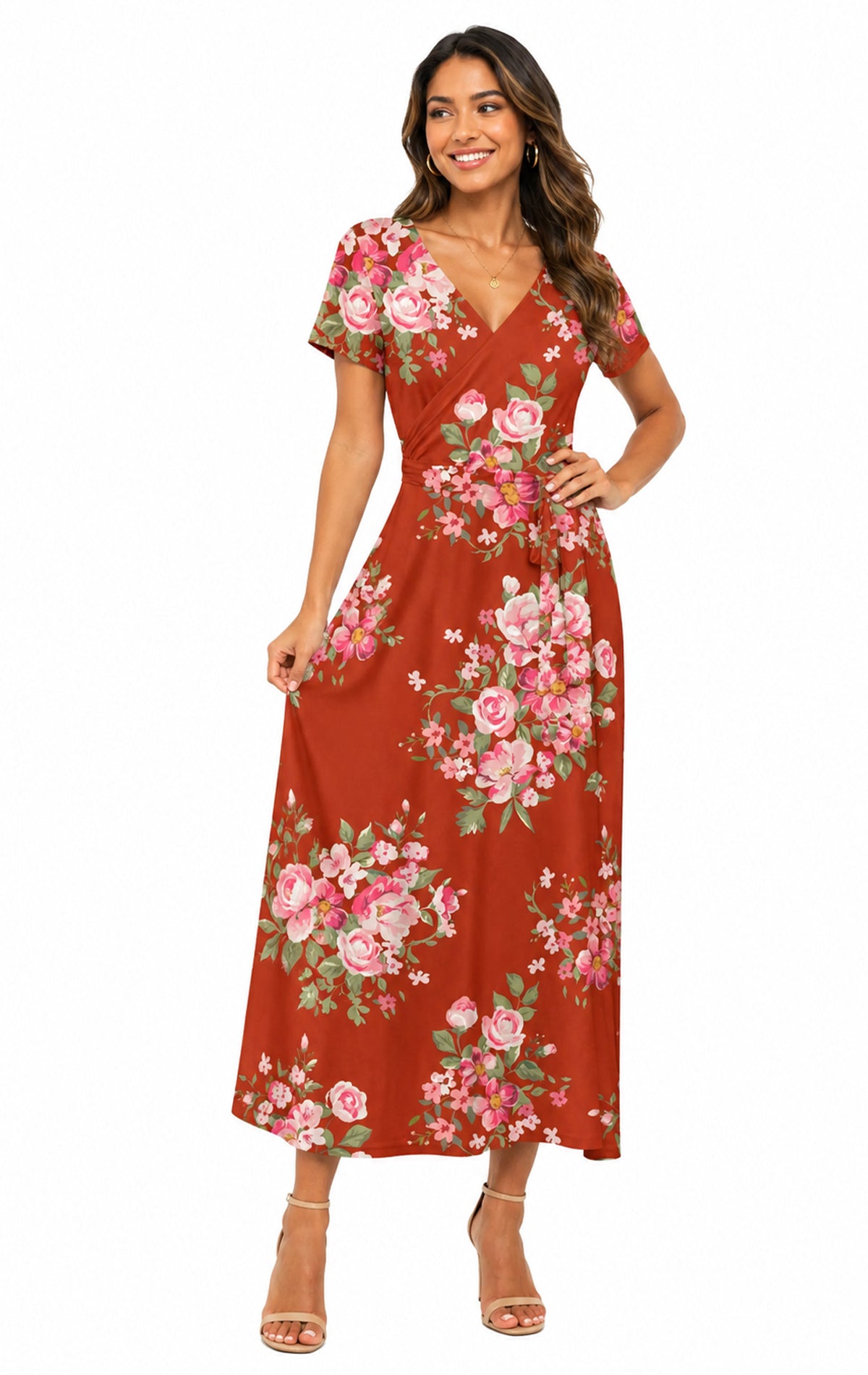 Lily by Firmiana Women's Short Sleeve Wrap-Style Maxi Dress with Tie Rust & Pink Floral Mix Rust & Pink Floral Mix / 2XL