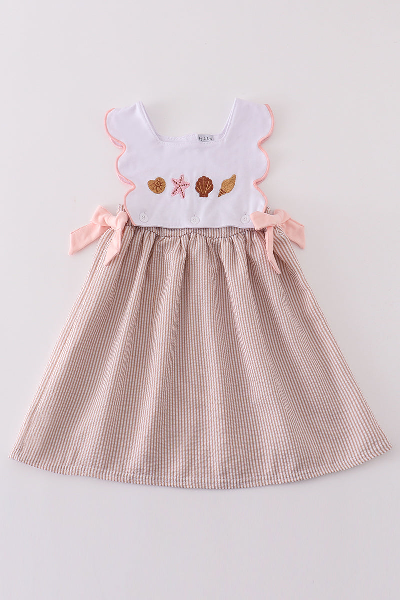Brown Shell Starfish Embroidered Seersucker Dress 12 Months