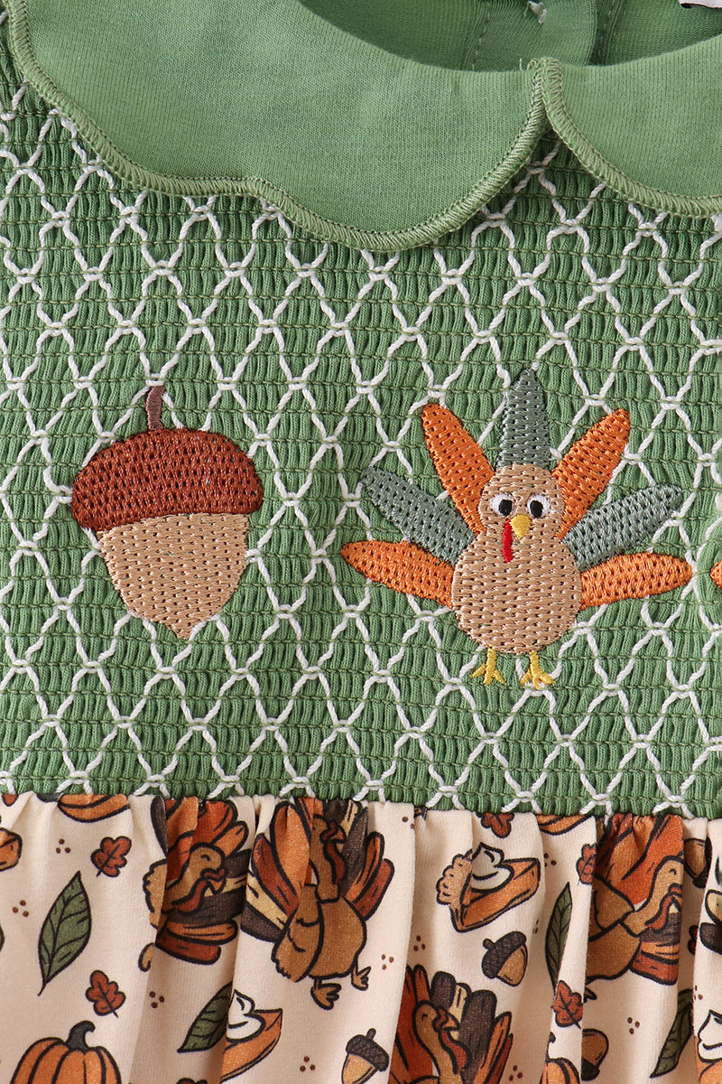 Green Pumpkin Turkey Smocked Dress