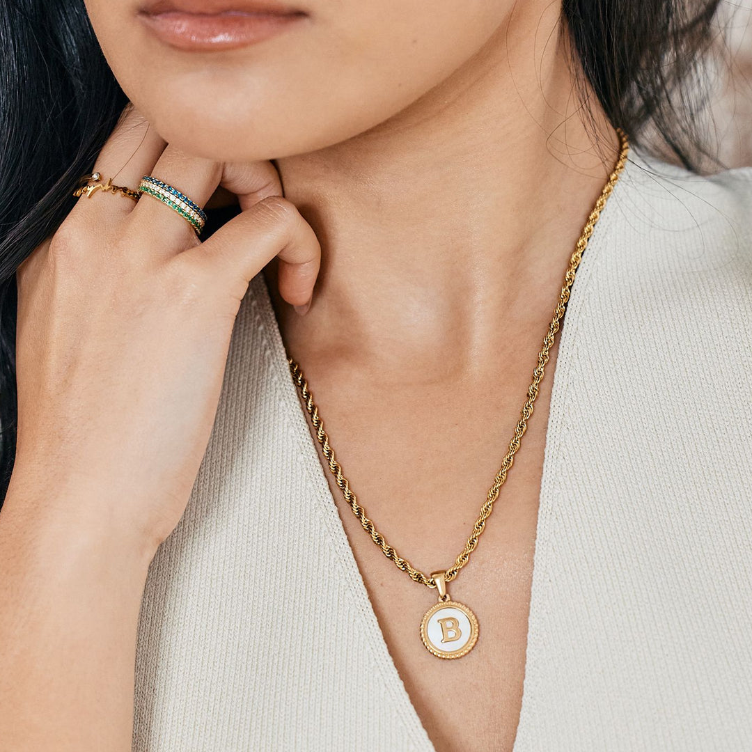 Mint & Lily Mother of Pearl Disc Letter Necklace with Rope Chain
