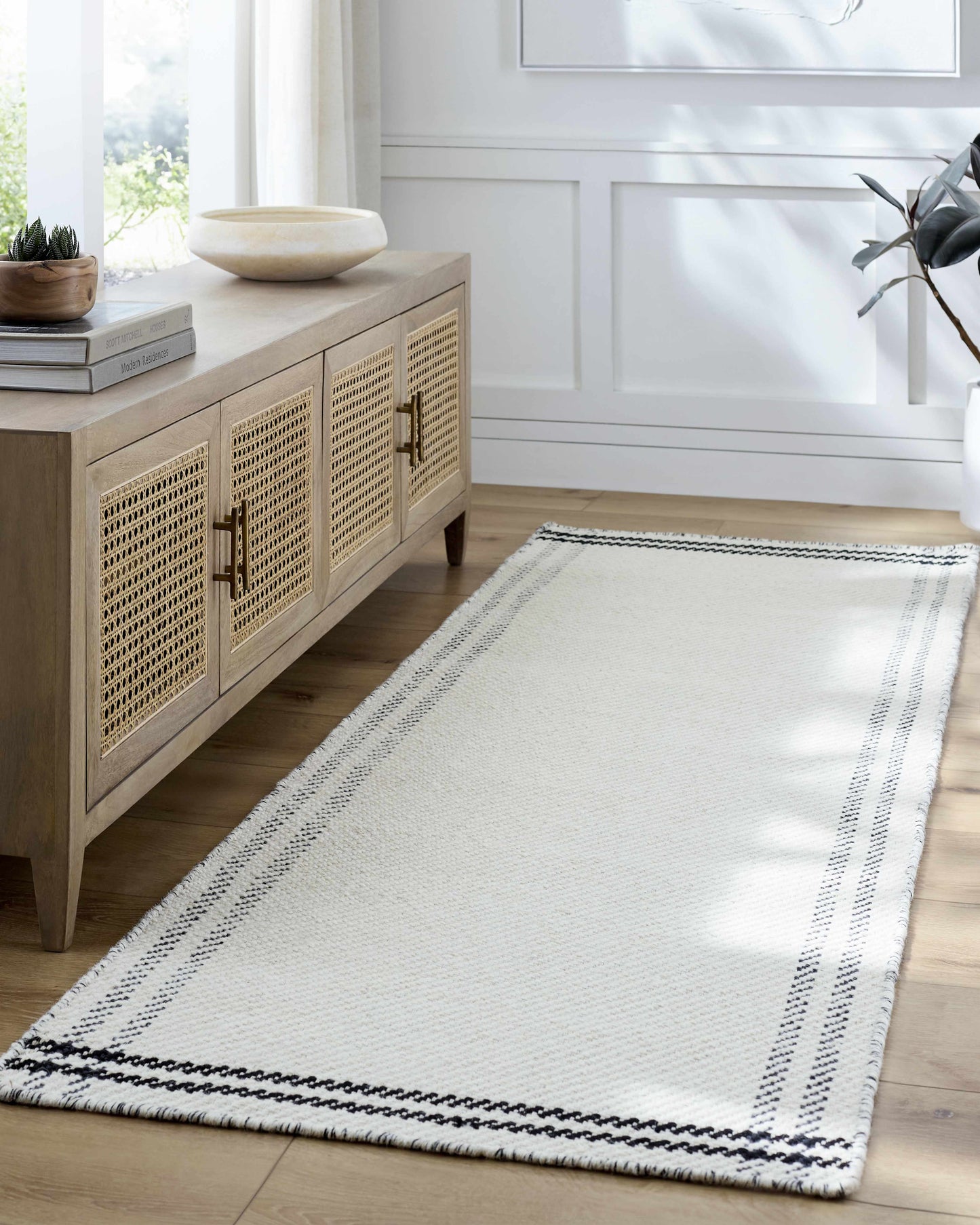 Nimue Cream & Blue Bordered Area Rug
